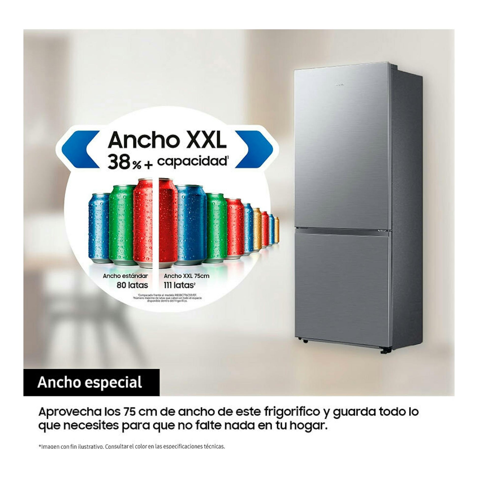 Frigorífico combi Samsung RB50DG632ES9EF en acero inoxidable, vista frontal de dos puertas.