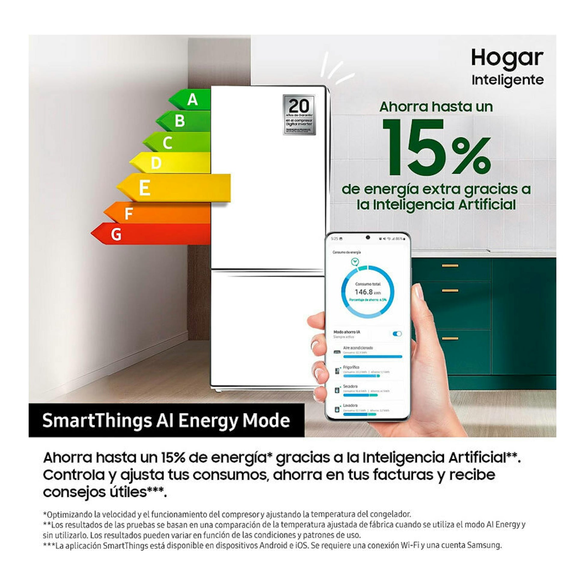 Frigorífico combi Samsung RB50DG632ES9EF inox, vista frontal, con móvil y gráfico de eficiencia energética.