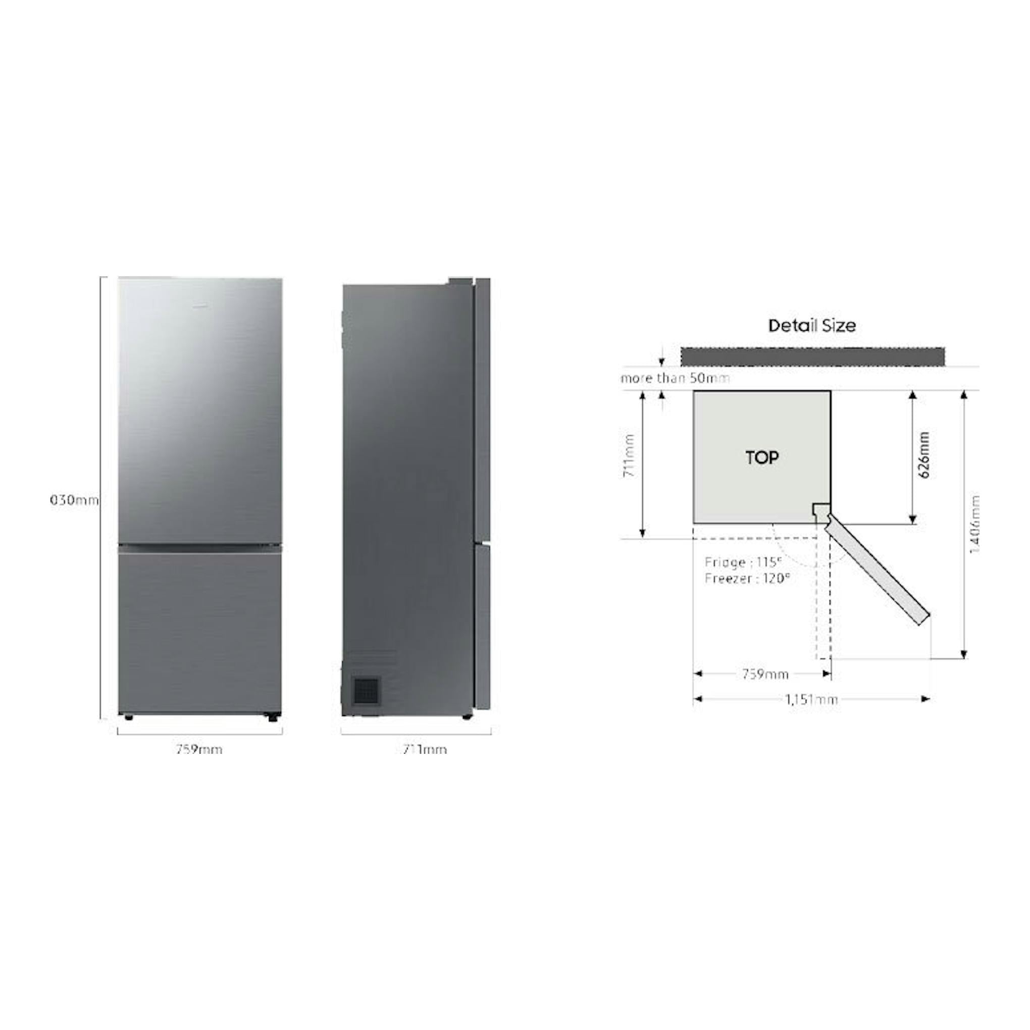 Frigorífico combi Samsung RB53DG703CS9EF inox, vista frontal y lateral con esquema de medidas y apertura.