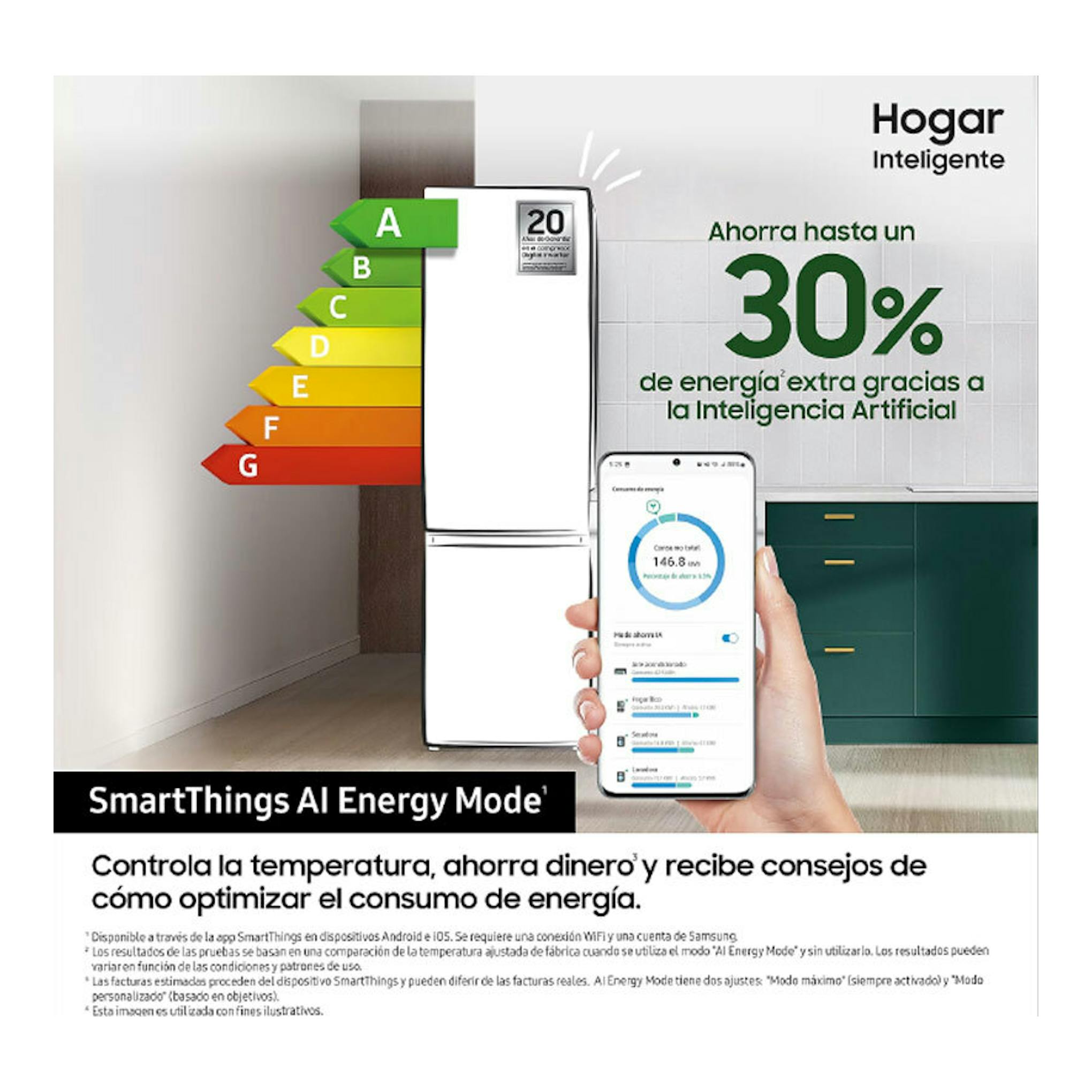 Frigorífico combi Samsung RB53DG703CS9EF, vista frontal, en anuncio de SmartThings AI Energy Mode.