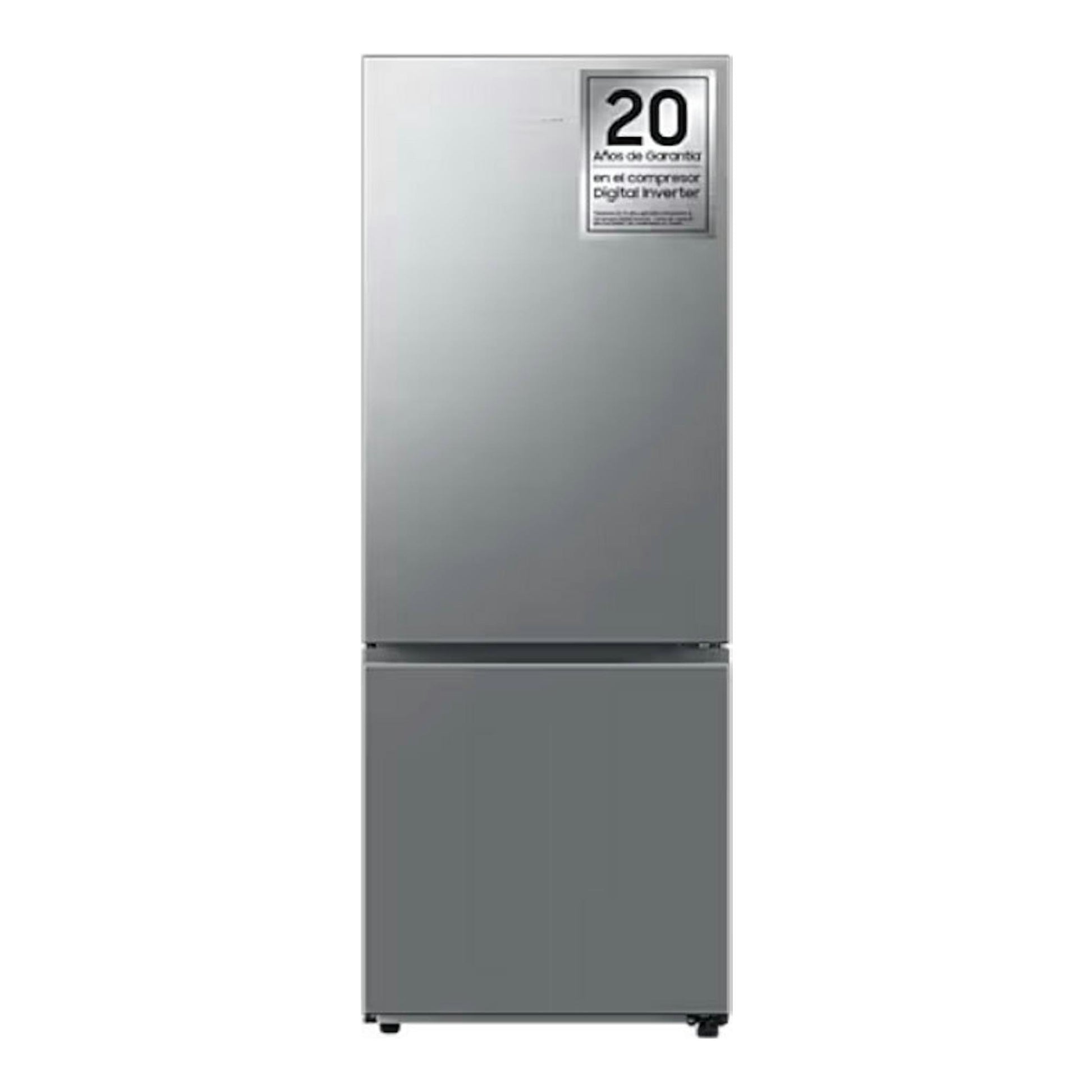 Frigorífico combi Samsung RB53DG703DS9EF inox, vista frontal, con puerta superior y congelador inferior.