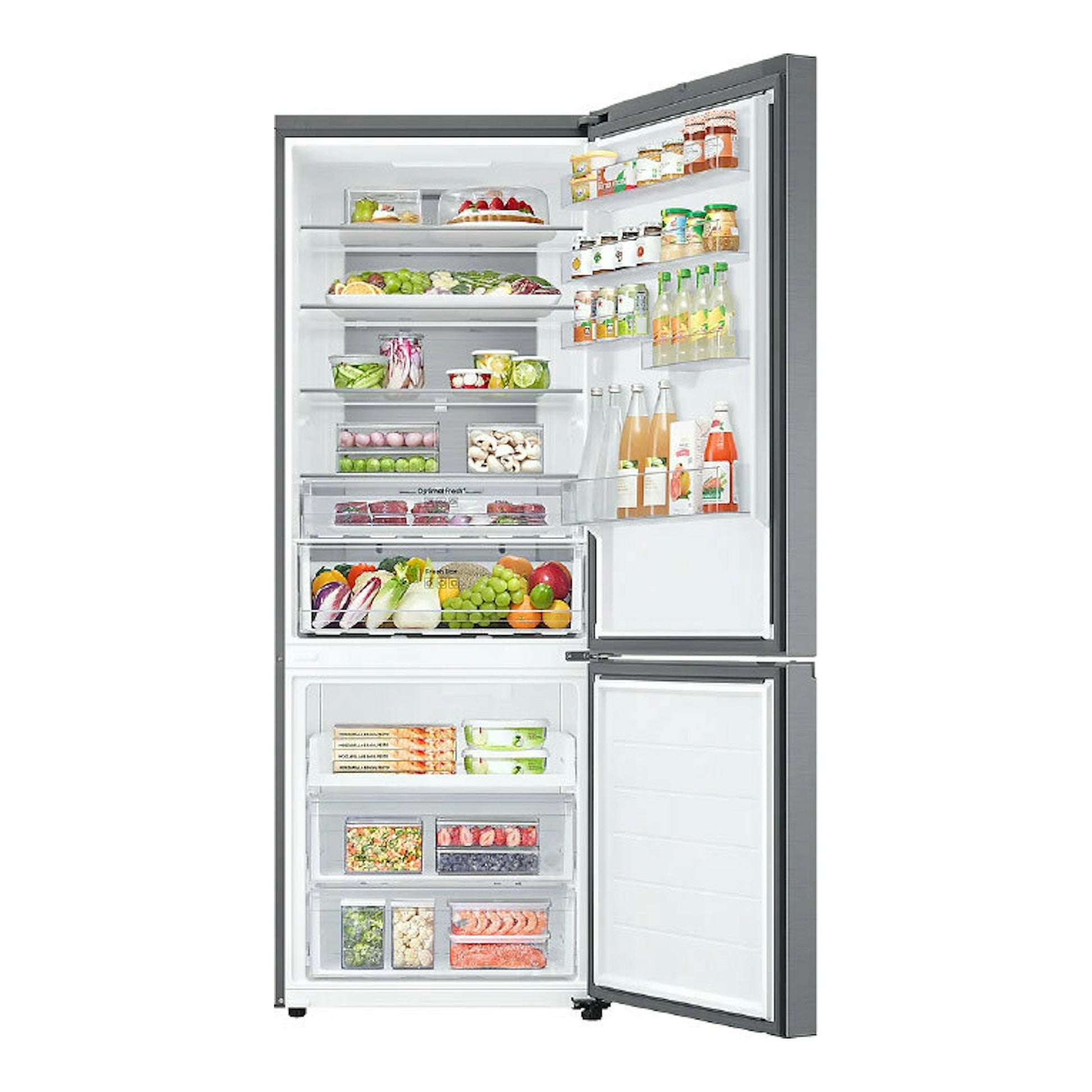 Frigorífico combi Samsung RB53DG703DS9EF inox, vista frontal con puertas abiertas y compartimentos visibles.
