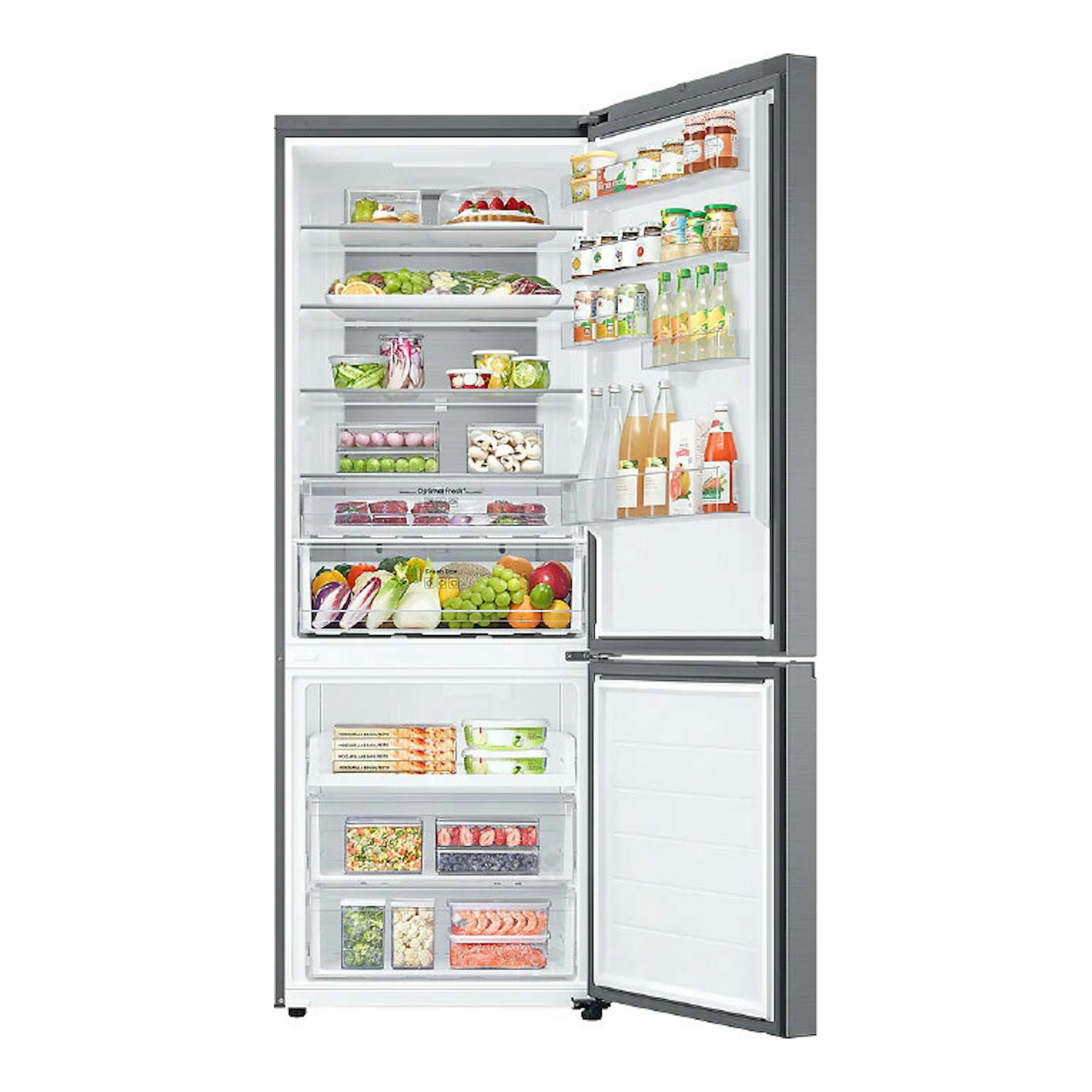 Frigorífico combi Samsung RB53DG703DS9EF inox, vista frontal con puertas abiertas y compartimentos visibles.