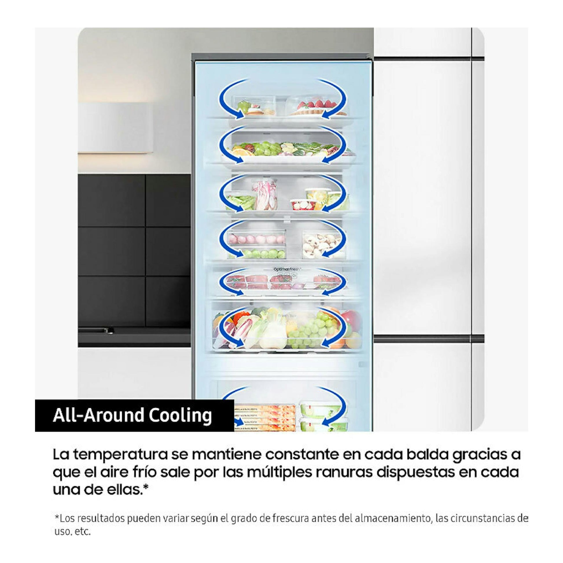 Samsung RB53DG703DS9EF Inox, vista frontal de frigorífico combi abierto con baldas y flechas azules.