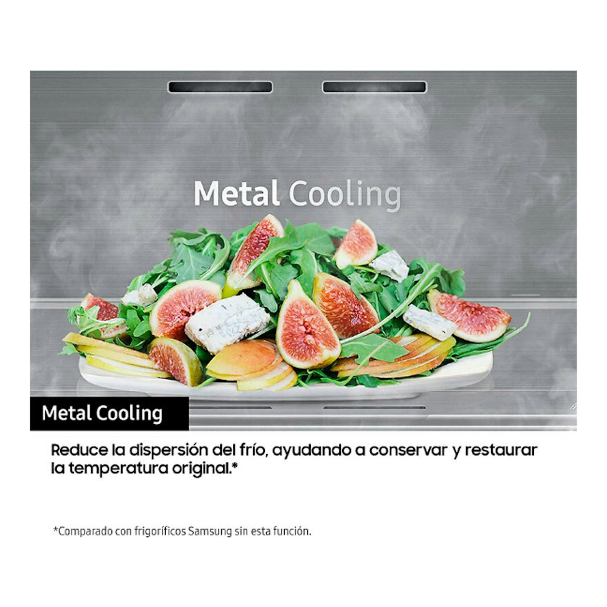 Samsung RB53DG703DS9EF inox, vista frontal promocional de Metal Cooling con ensalada sobre bandeja metálica.
