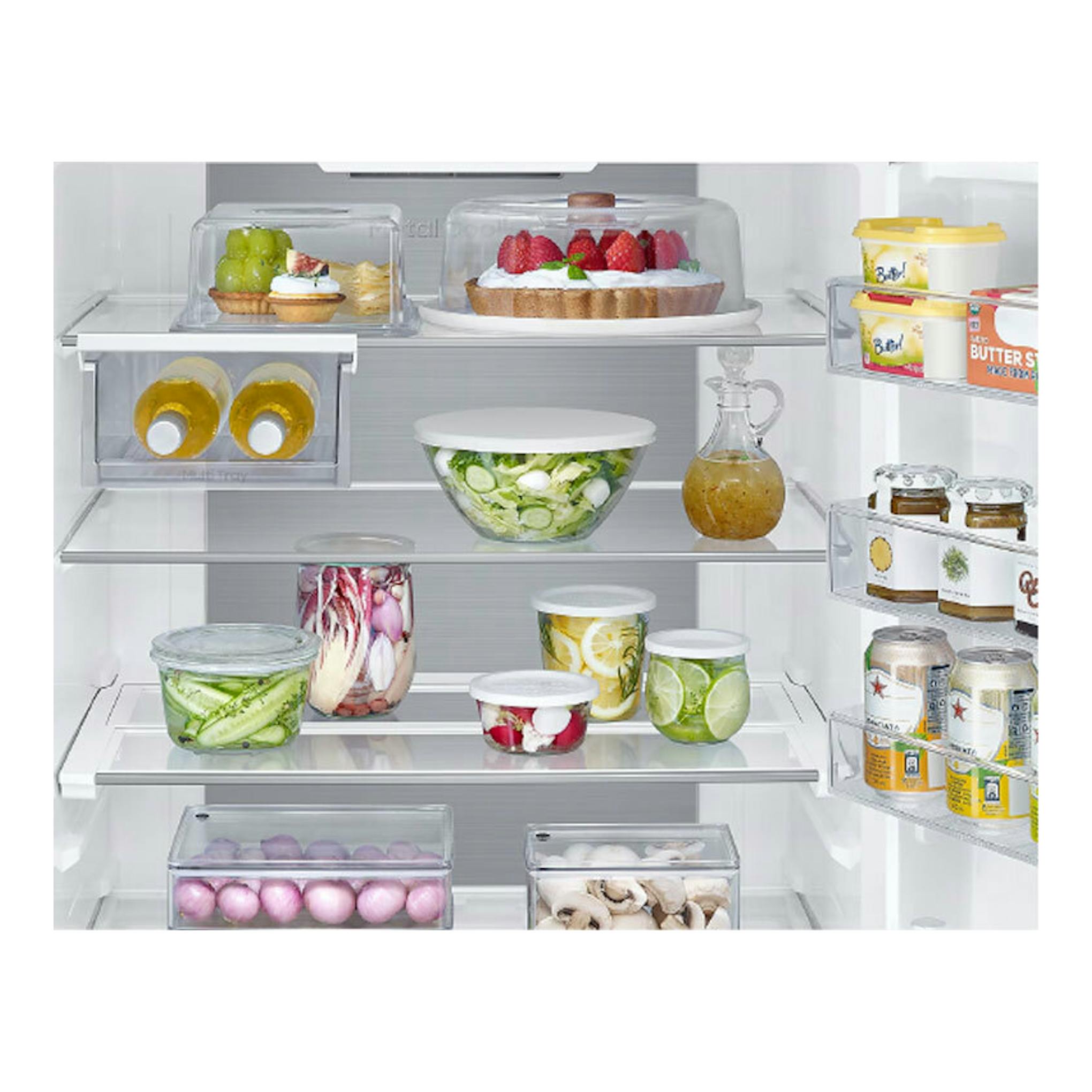 Frigorífico Samsung RB53DG706AS9EF inox, vista frontal interior con estantes y recipientes con comida.