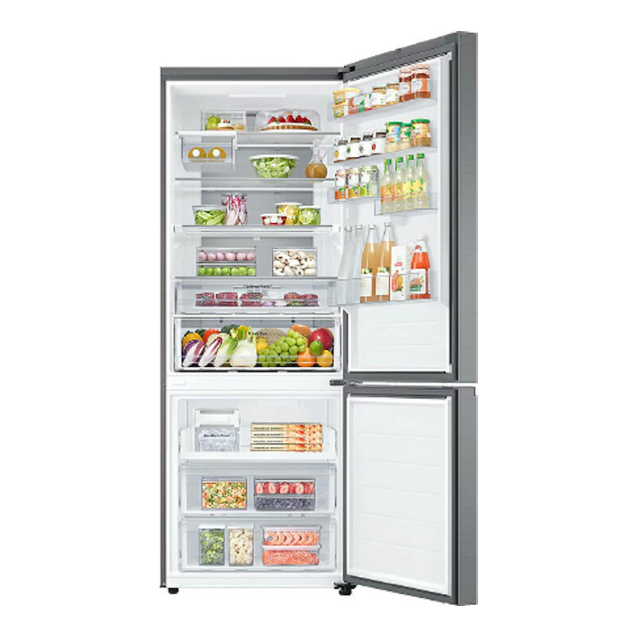 Frigorífico combi Samsung RB53DG706AS9EF inox, vista frontal con puertas abiertas y compartimentos visibles.