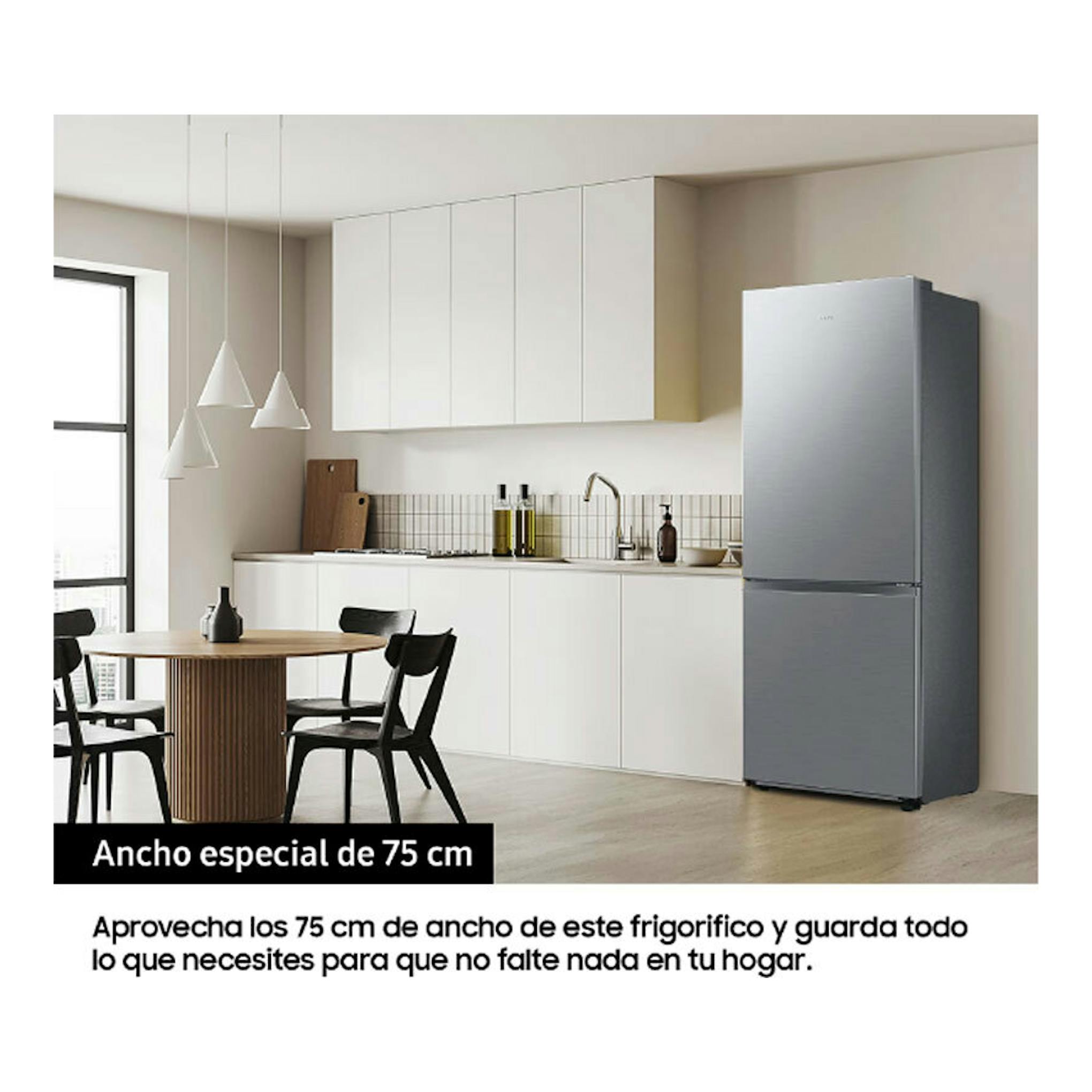 Frigorífico combi Samsung RB53DG706AS9EF inox, vista frontal en cocina moderna, ancho especial de 75 cm
