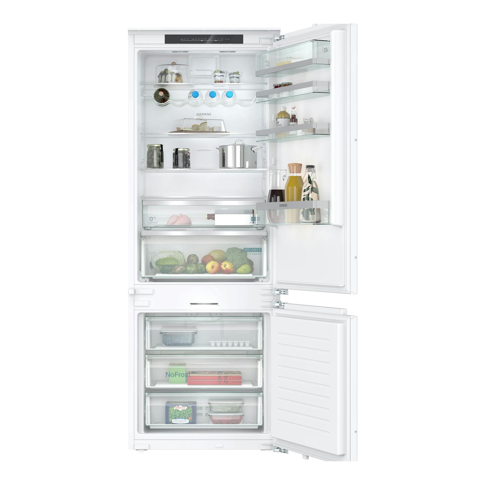 Vista frontal de frigorífico combi integrable Siemens KB96NADD1, blanco, con puertas abiertas e interior visible.