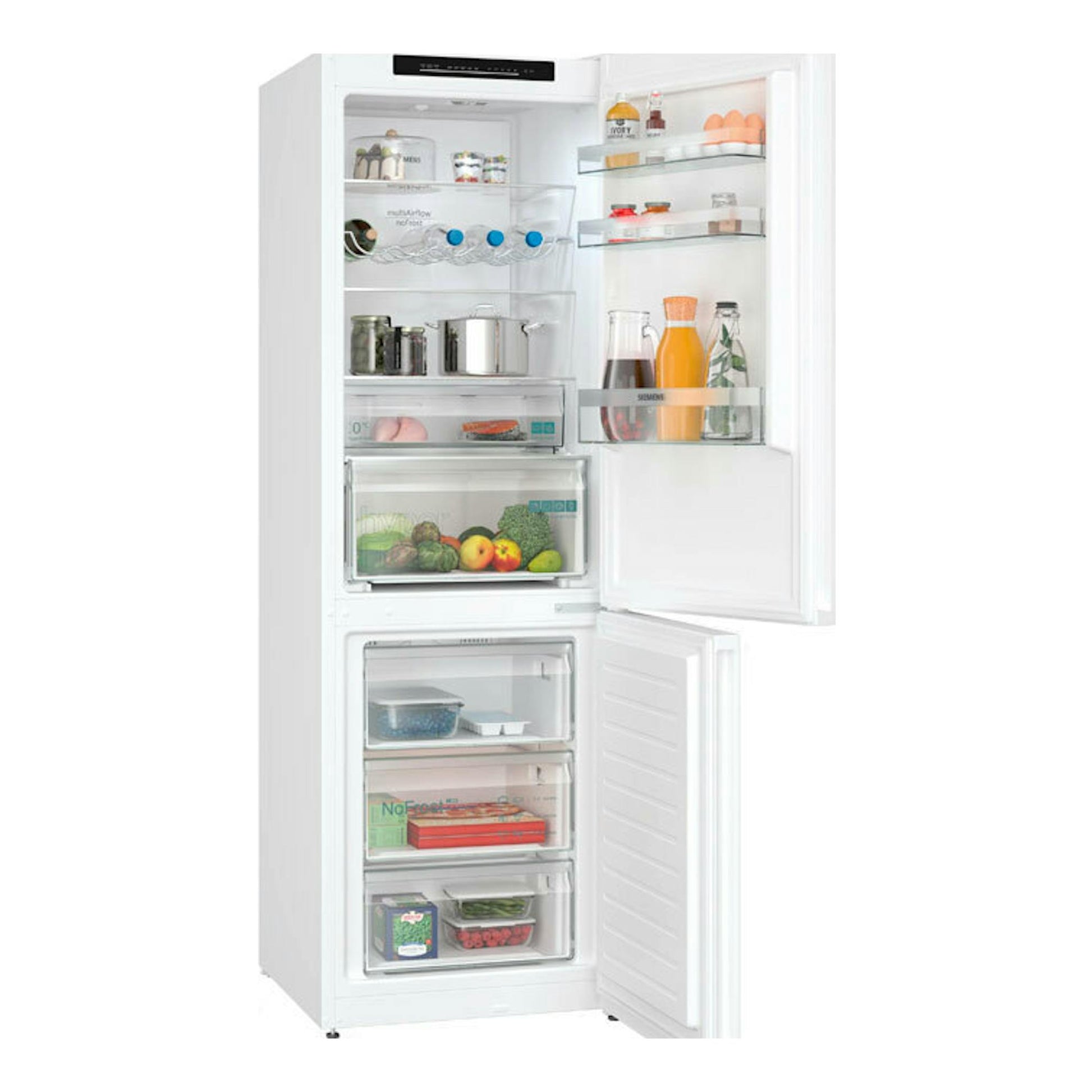 Frigorífico combi Siemens KG36N2WCF blanco, vista frontal con puertas abiertas y estantes interiores visibles.