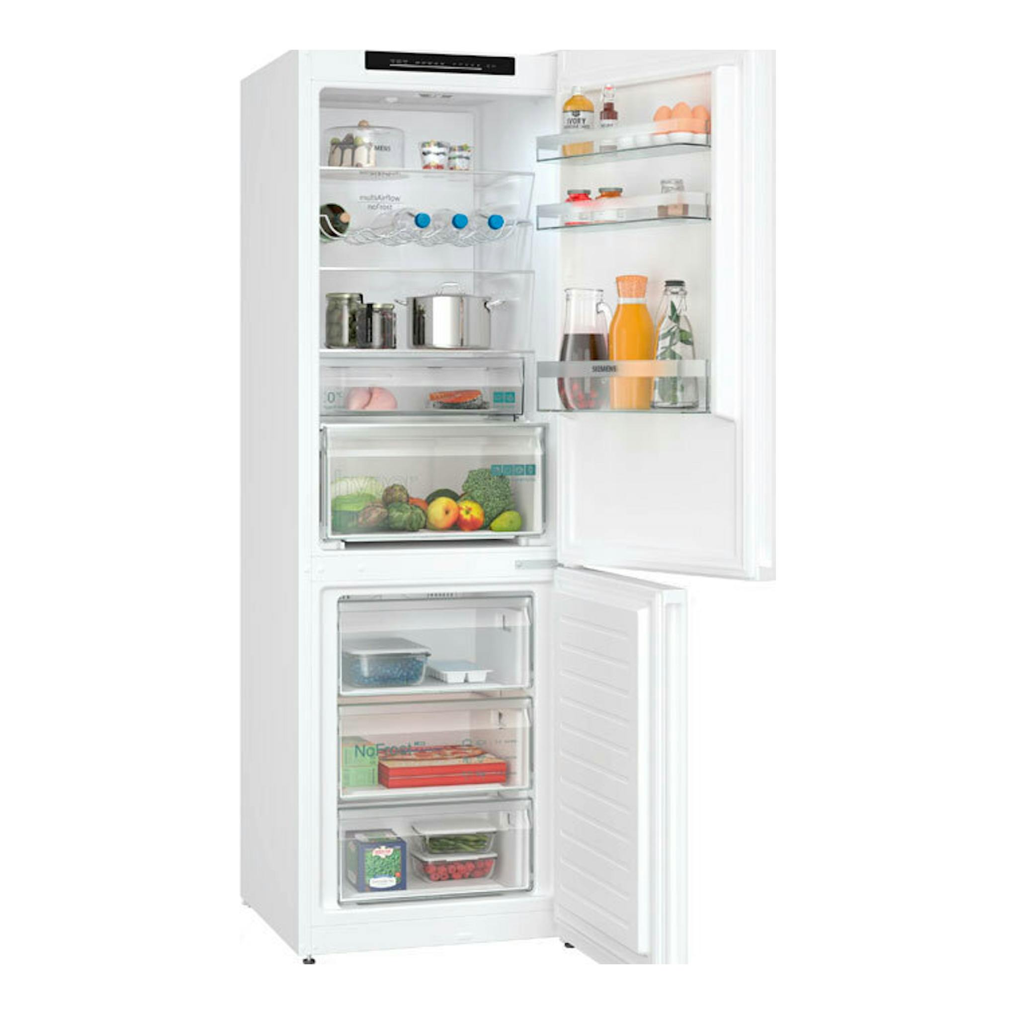 Frigorífico combi Siemens KG36N2WCF blanco, vista frontal con puertas abiertas y estantes interiores visibles.