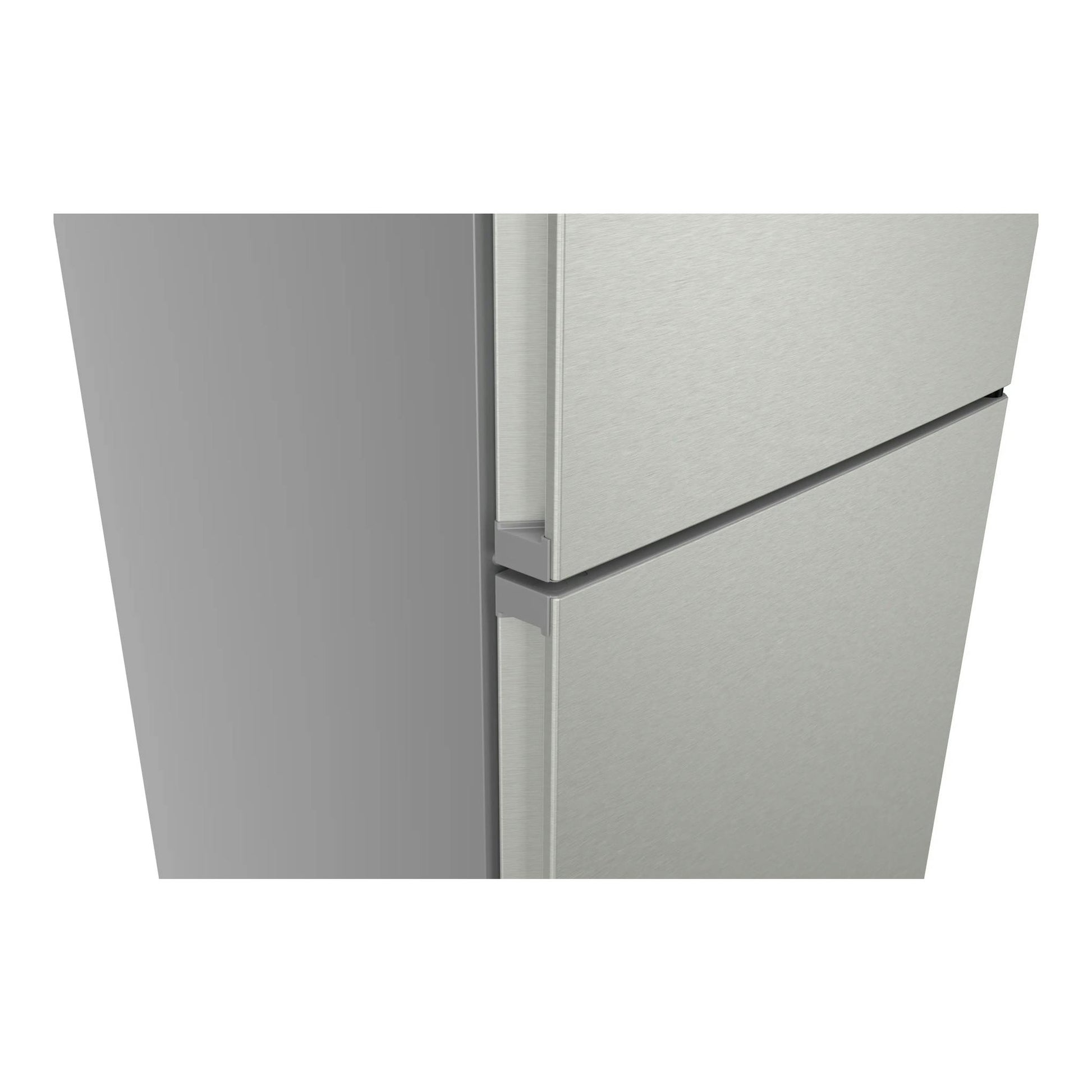 Siemens KG36NVIDG, frigorífico combi inox, vista frontal parcial de las puertas y el hueco central.