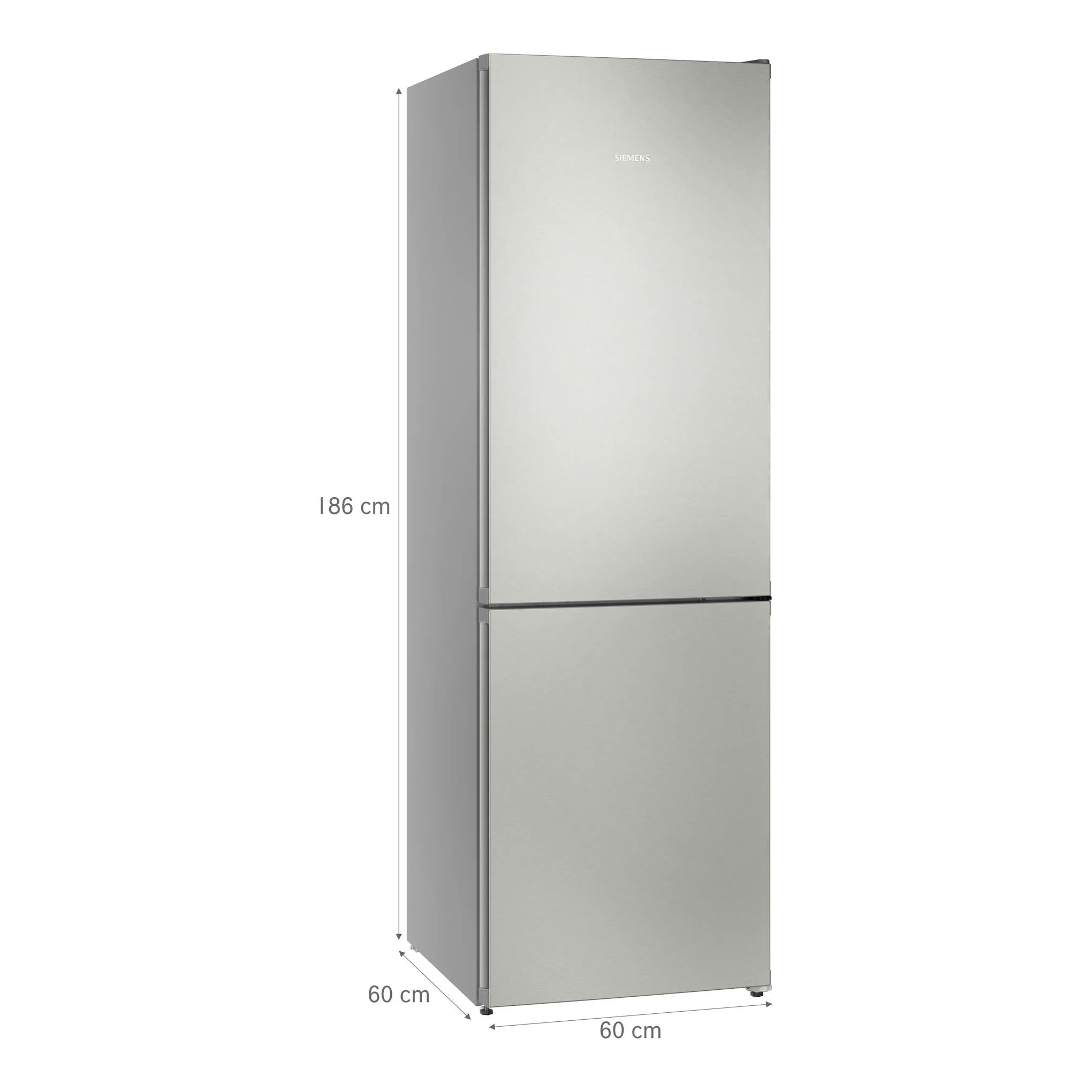 Frigorífico combi Siemens KG36NVIDG inox, vista frontal en ángulo, 186 cm de alto.