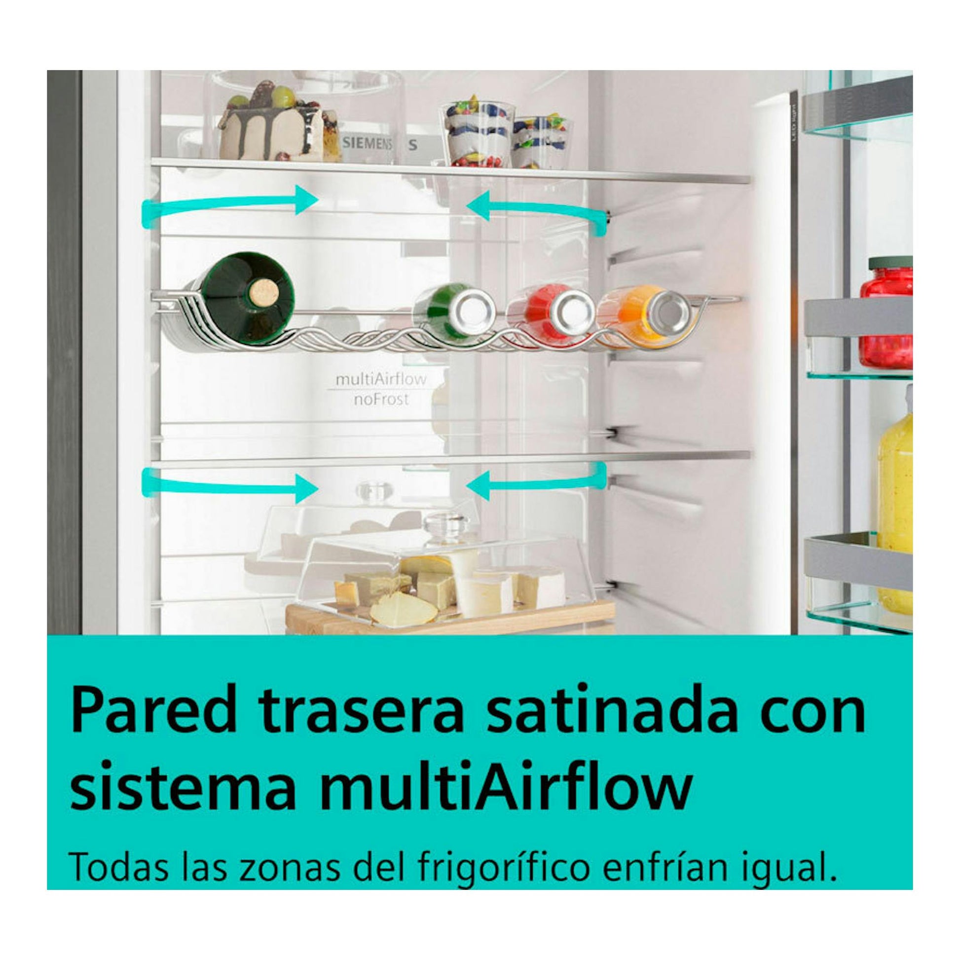 Vista frontal del interior de un frigorífico combi Siemens KG36NXIDF en blanco, con baldas y botellero.