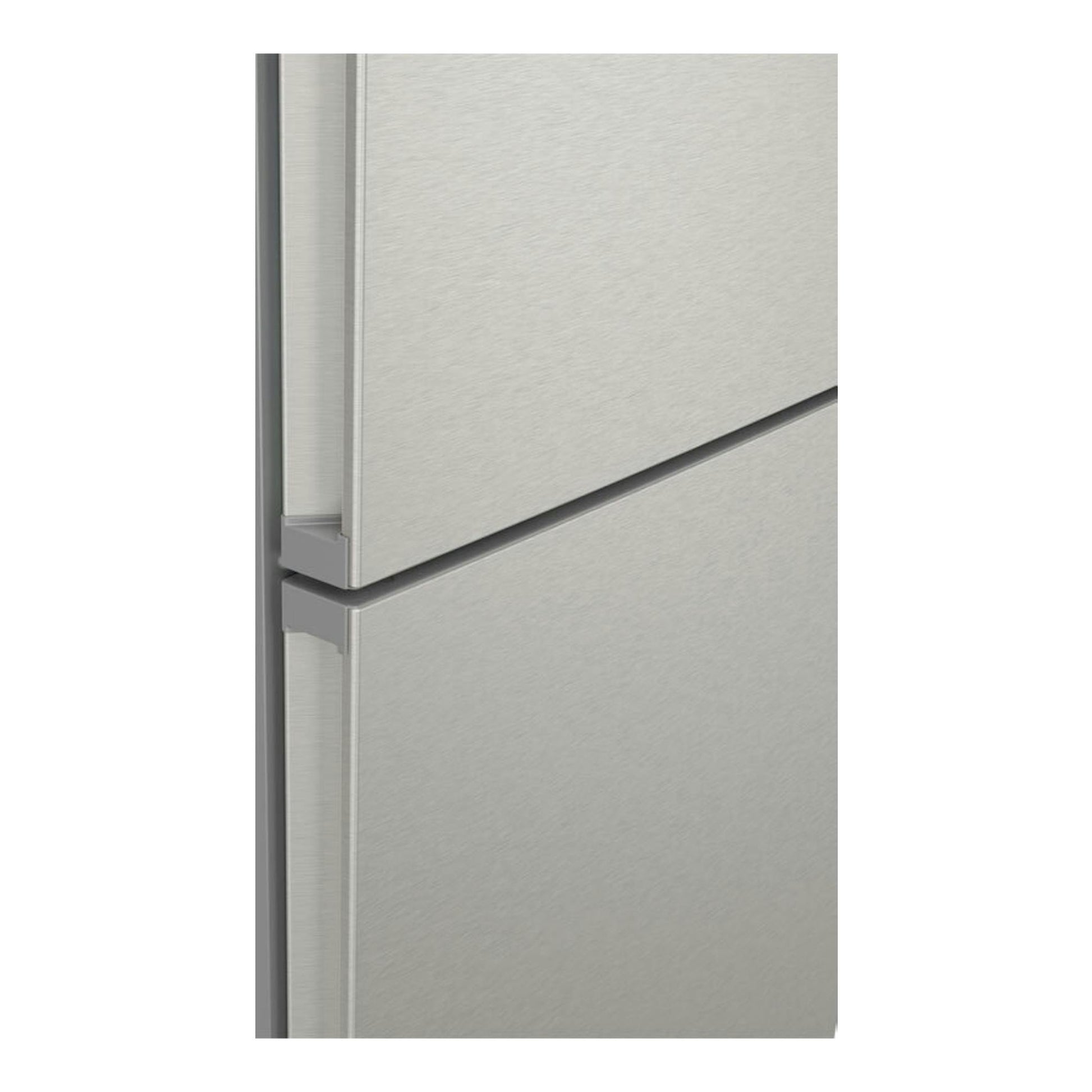 Frigorífico combi Siemens KG36NXIDF en inox, vista frontal en primer plano de las puertas.
