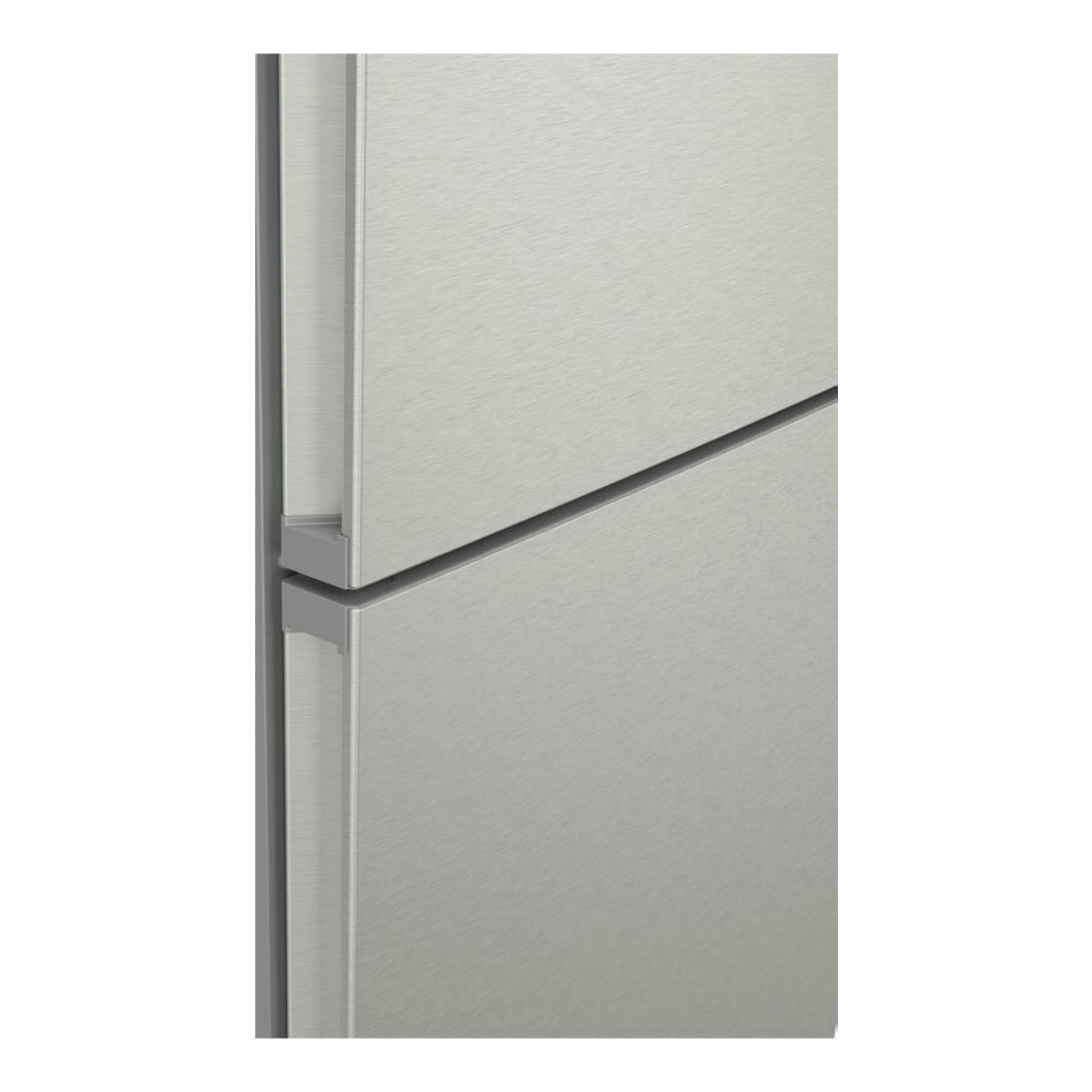 Frigorífico combi Siemens KG36NXIDF en inox, vista frontal en primer plano de las puertas.