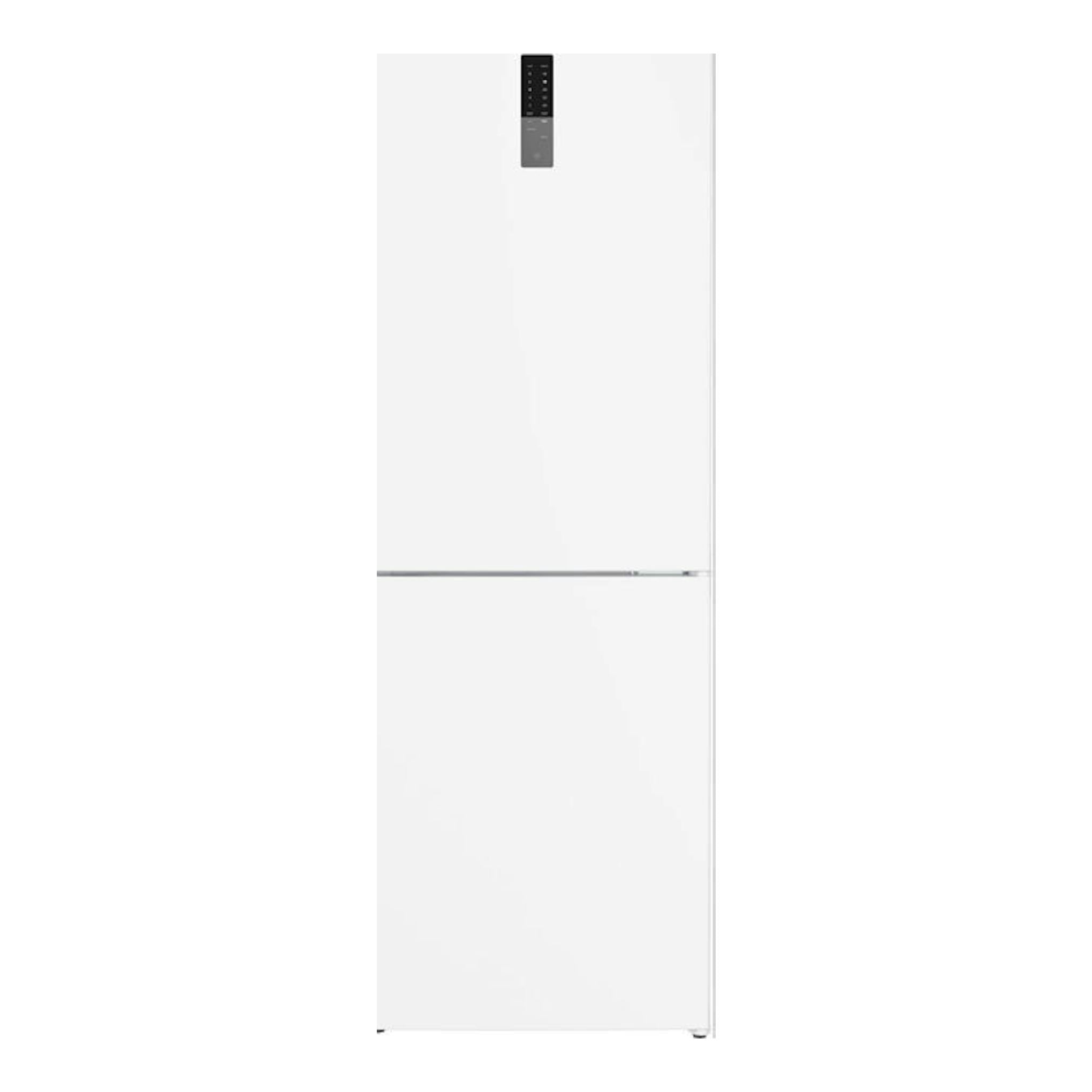 Frigorífico combi Siemens KG36NXWDF blanco, vista frontal, con panel de control negro en la puerta superior.