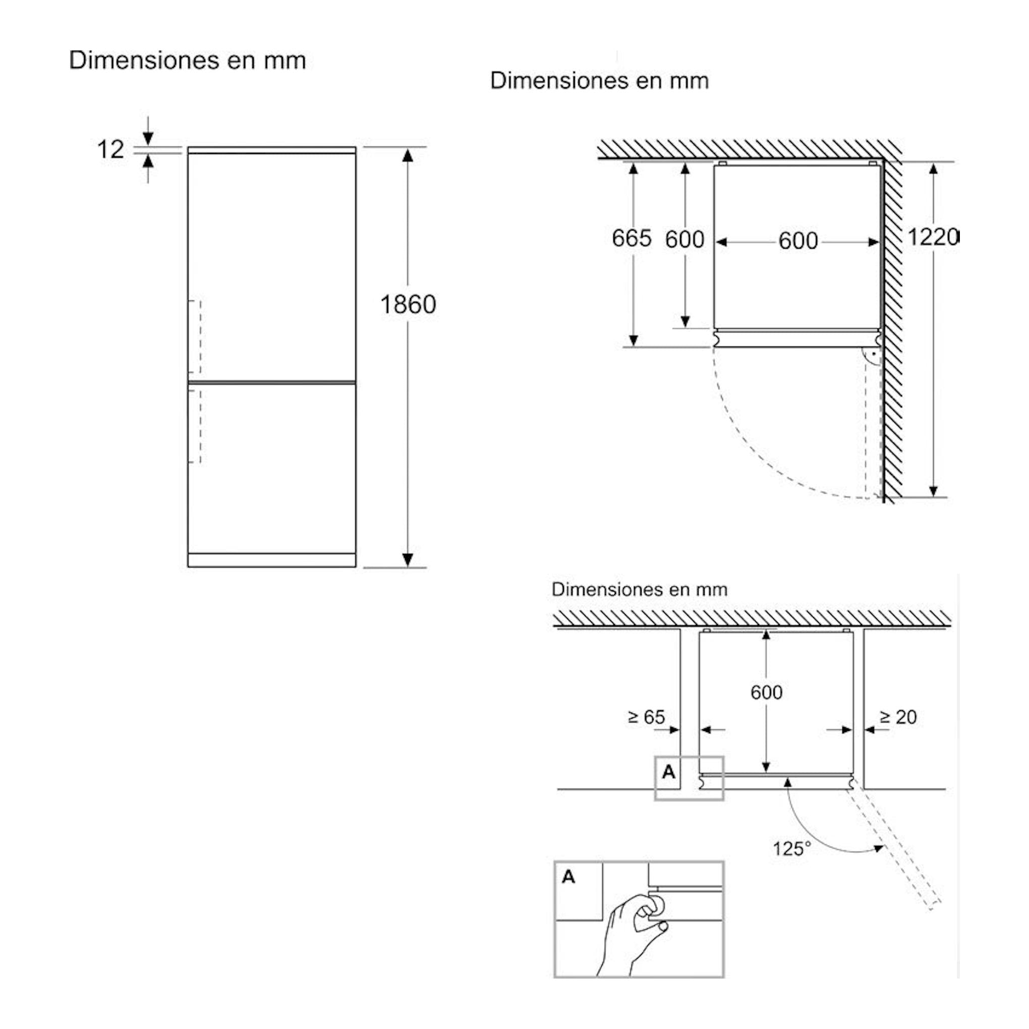 Diagrama de dimensiones del frigorífico combi Siemens KG36NXWDF blanco, vistas frontal y lateral con medidas en mm.