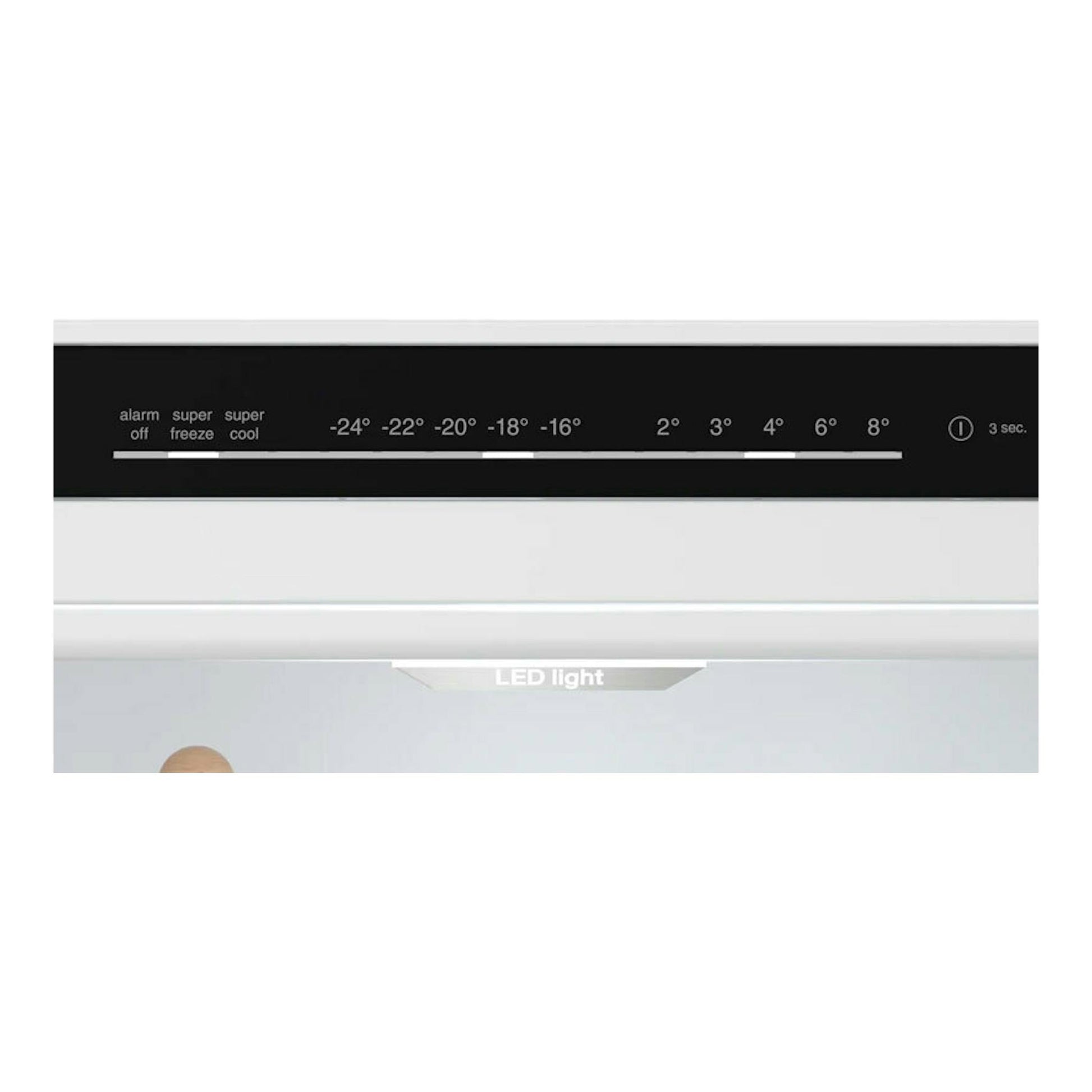 Frigorífico combi Siemens KG39N2IAG inox, vista frontal parcial del panel táctil negro con temperaturas y LED.