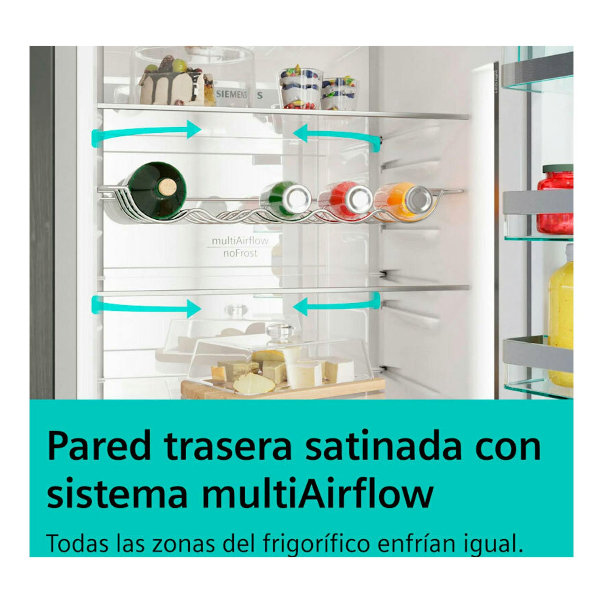 Interior de frigorífico Siemens KG39N2IAG inox con estantes, botellas y flechas del sistema multiAirflow.