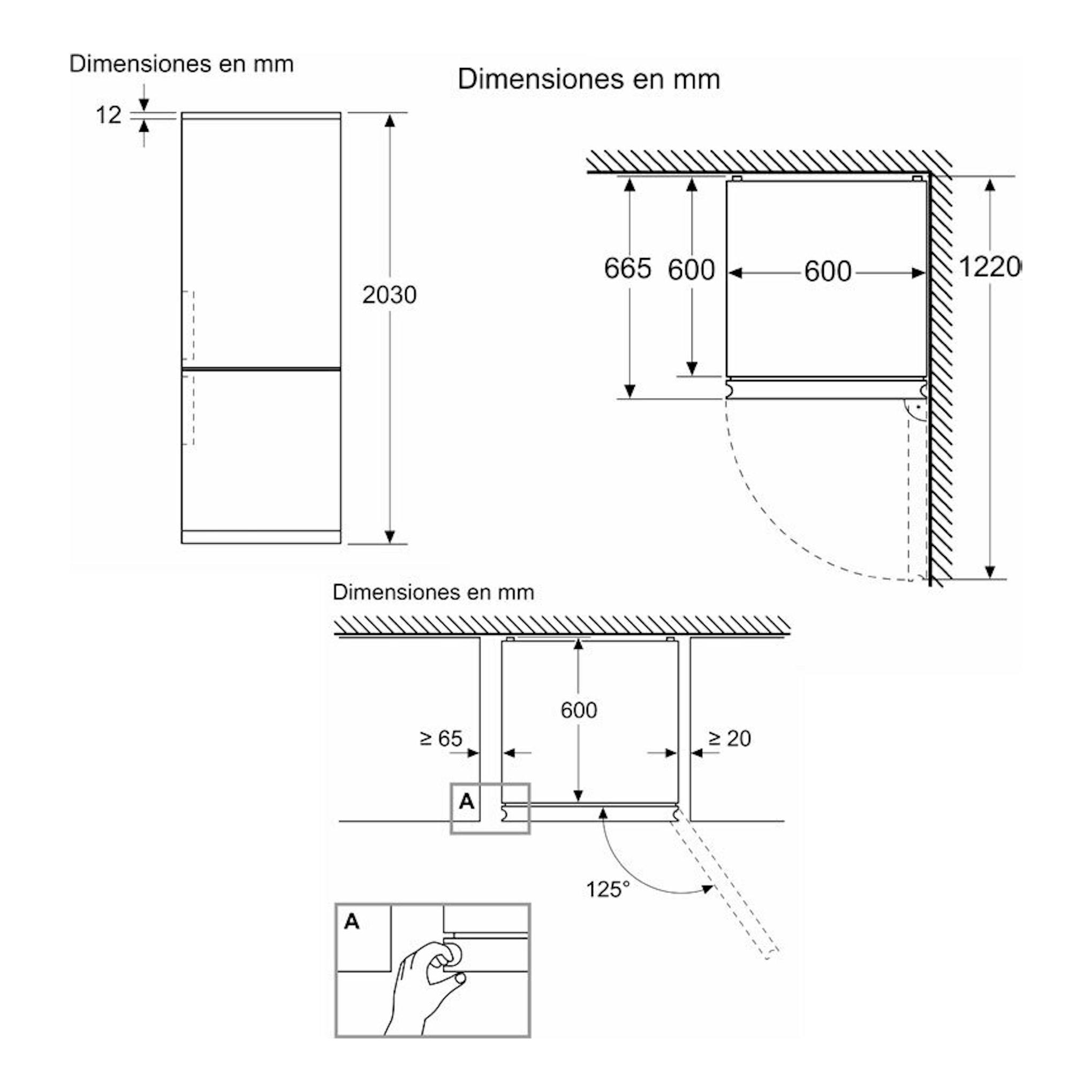 Diagrama técnico del frigorífico combi Siemens KG39N4X1F, vistas frontal y lateral con medidas en mm.