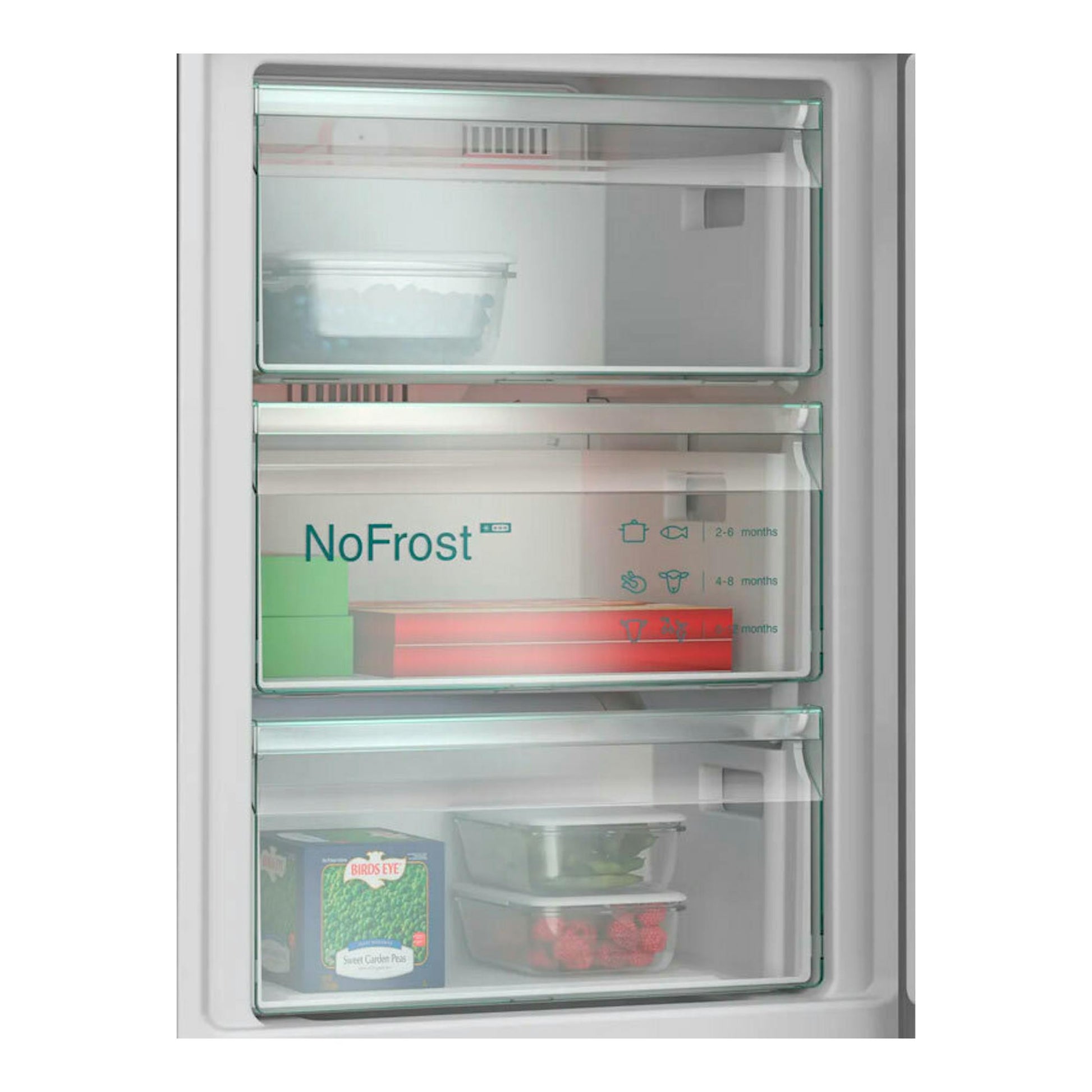 Interior de congelador NoFrost de un frigorífico combi Siemens KG39N4X1F, con cajones transparentes, vista frontal.