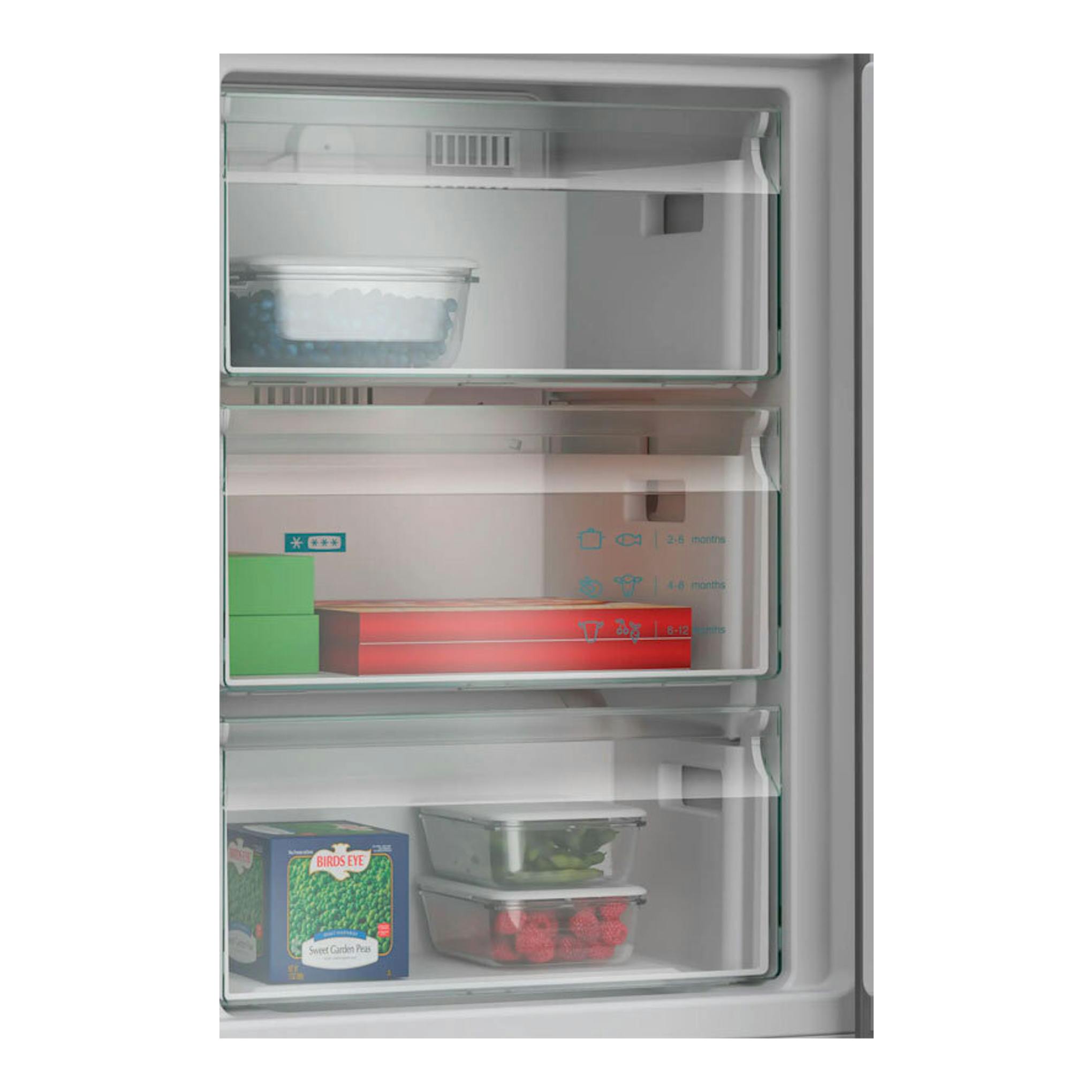 Interior frontal de un frigorífico combi Siemens KG39NVICV inox, con cajones transparentes y alimentos.