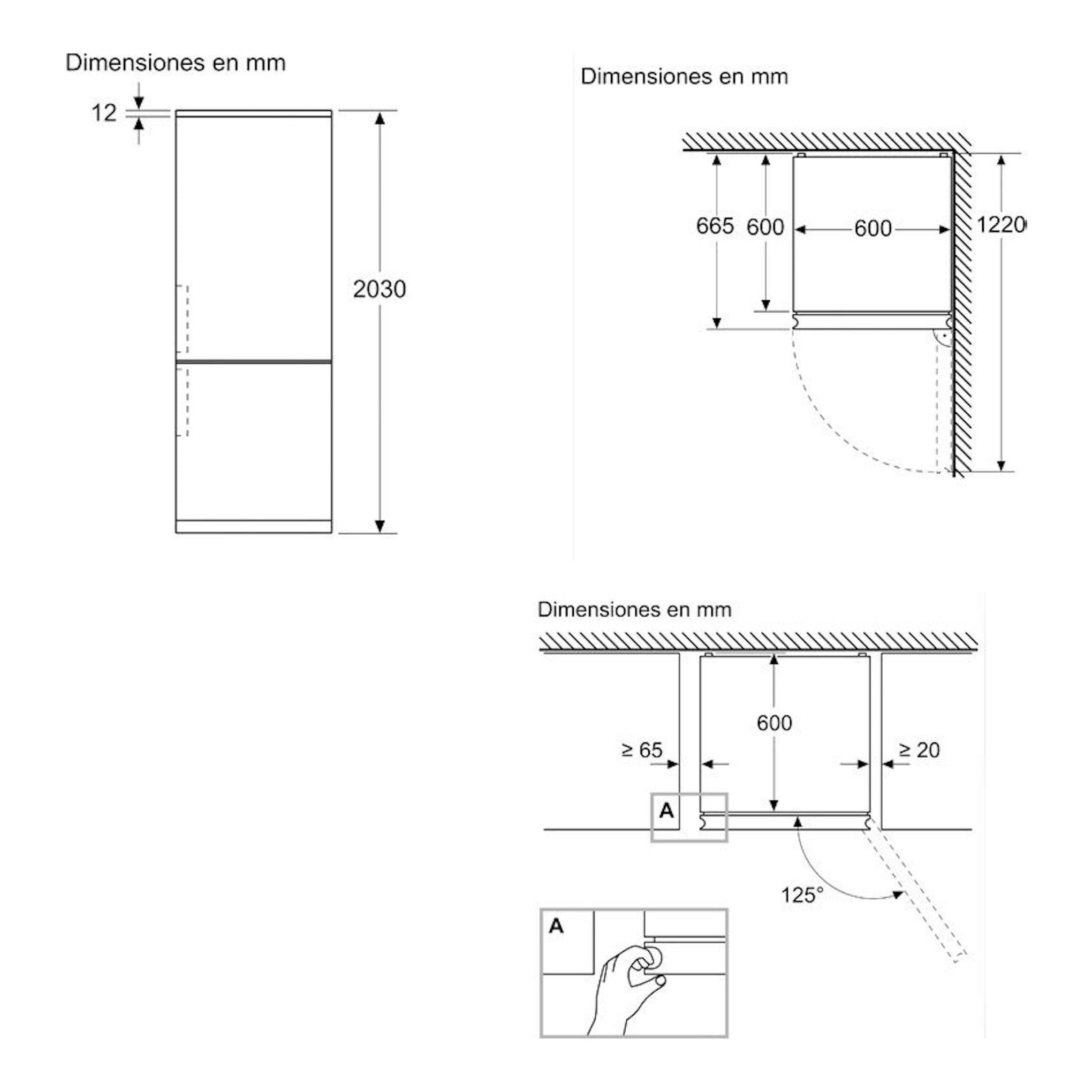 Esquema de dimensiones del frigorífico combi Siemens KG39NVIDG inox, vistas frontal y lateral.