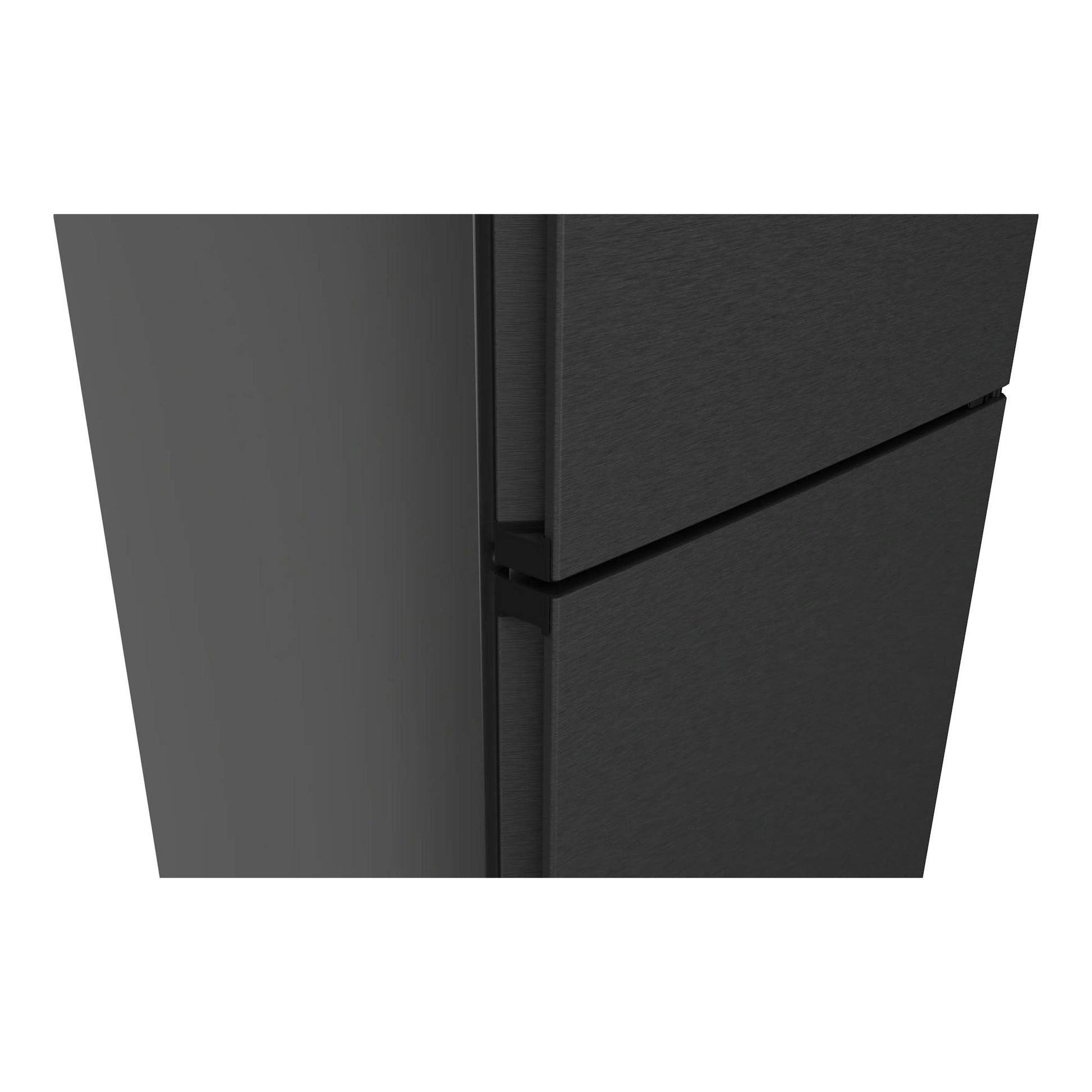 Primer plano de frigorífico combi Siemens KG39NVXCG negro, con bisagra visible y dos puertas en ángulo.