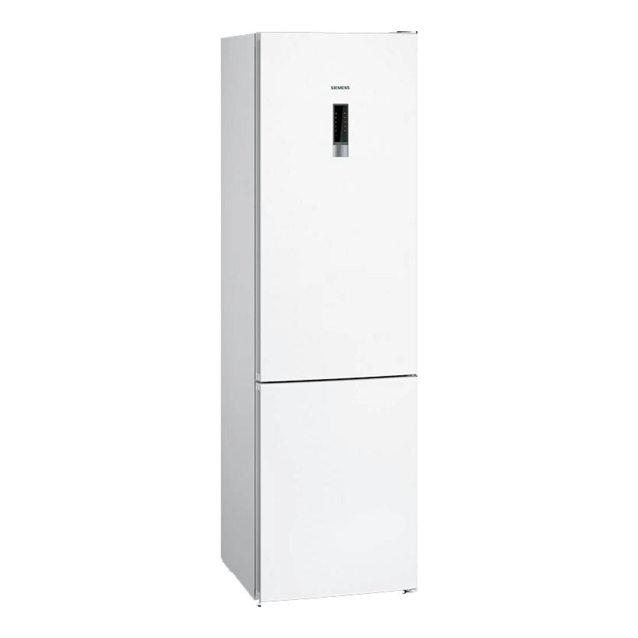 Frigorífico combi Siemens KG39NXWEA blanco, vista frontal en ángulo con panel digital en la puerta.
