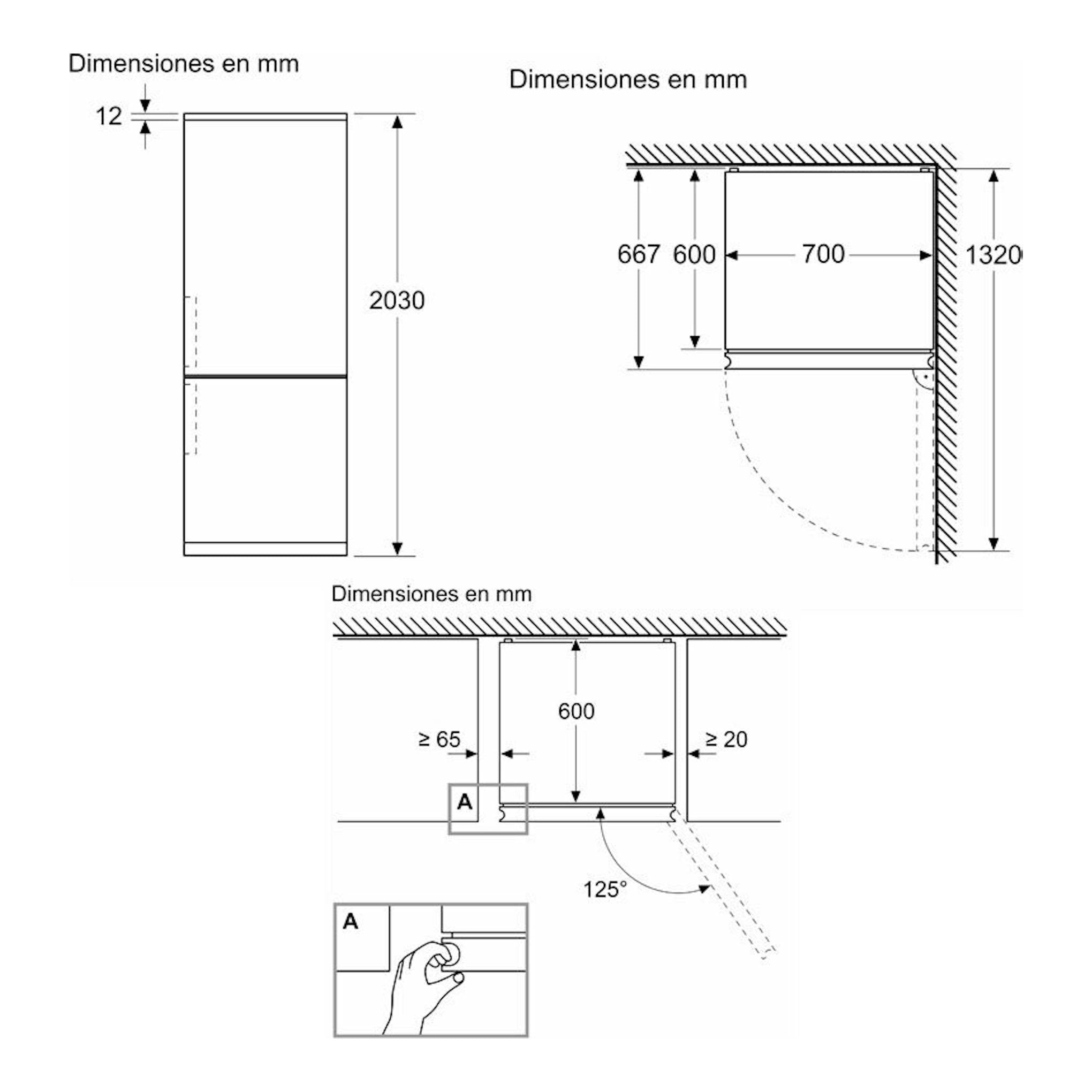 Diagrama técnico del frigorífico combi Siemens KG49N4XAF, vistas frontal y lateral con medidas en mm.