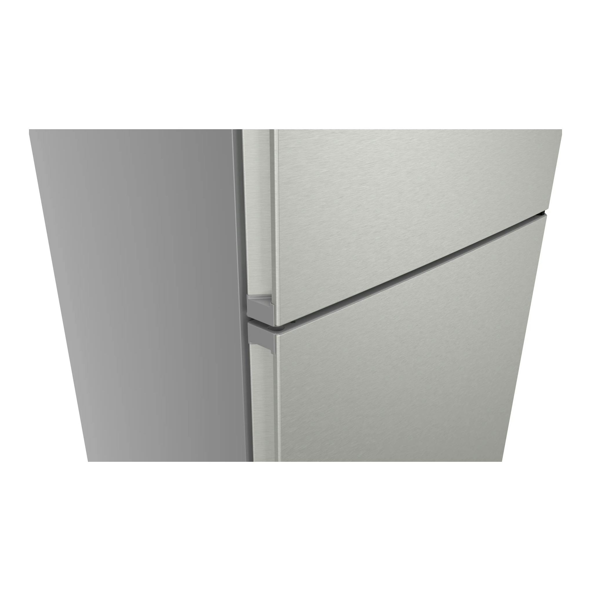 Frigorífico combi Siemens KG49NVICG en inox, primer plano de las puertas frontales.