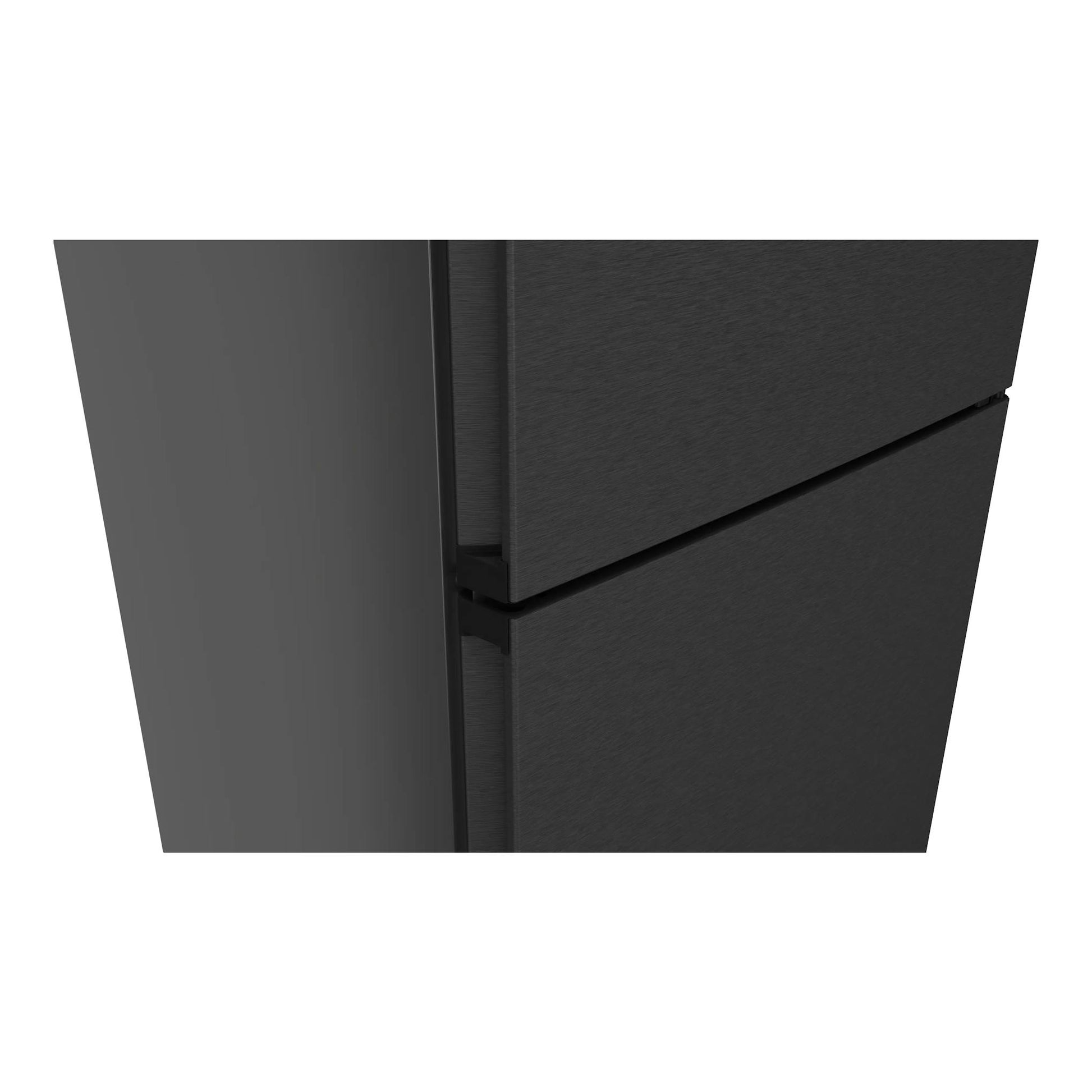 Frigorífico combi Siemens KG49NVXCG en acero negro, vista en primer plano de la puerta y la bisagra.