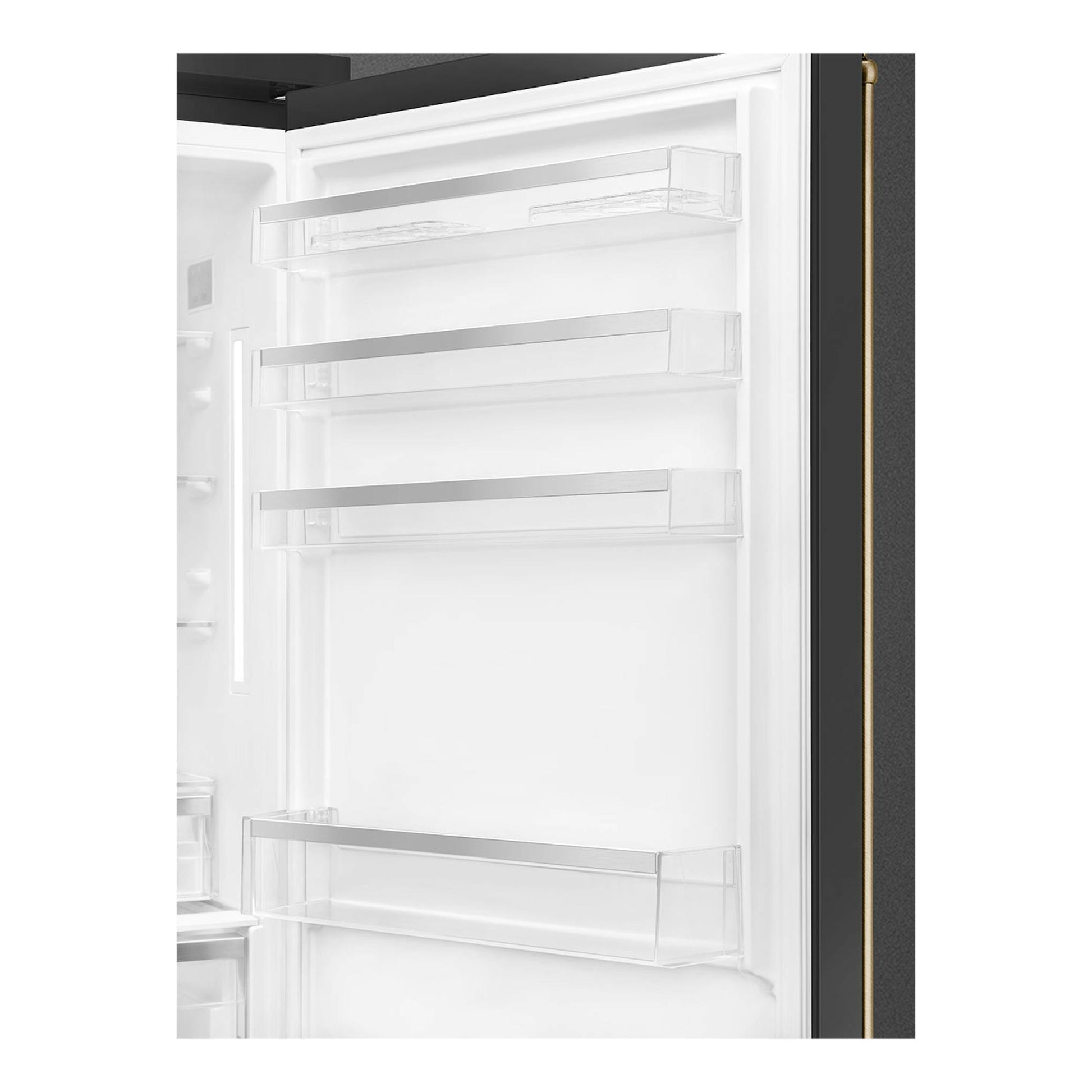 Smeg FA8005RAO6, interior de puerta de frigorífico combi blanco con baldas transparentes y exterior antracita.