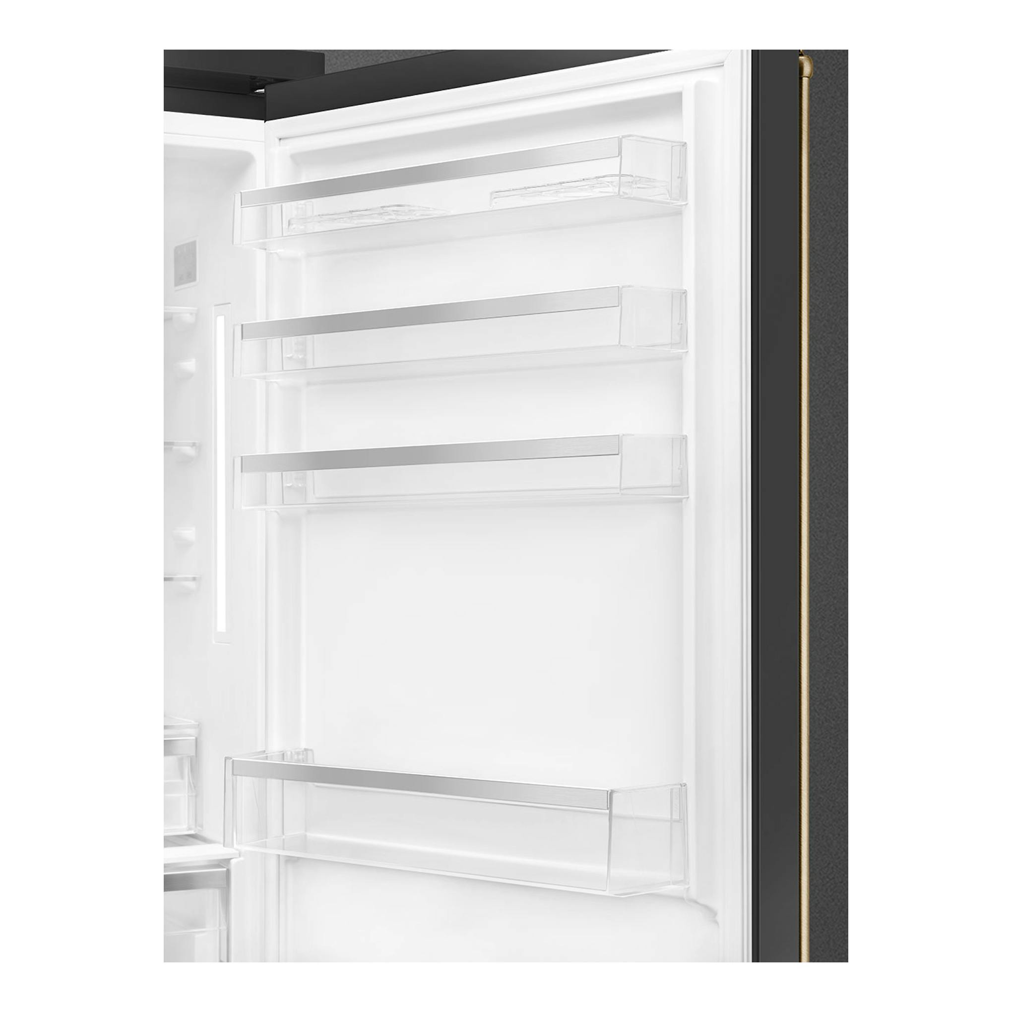 Smeg FA8005RAO6, interior de puerta de frigorífico combi blanco con baldas transparentes y exterior antracita.