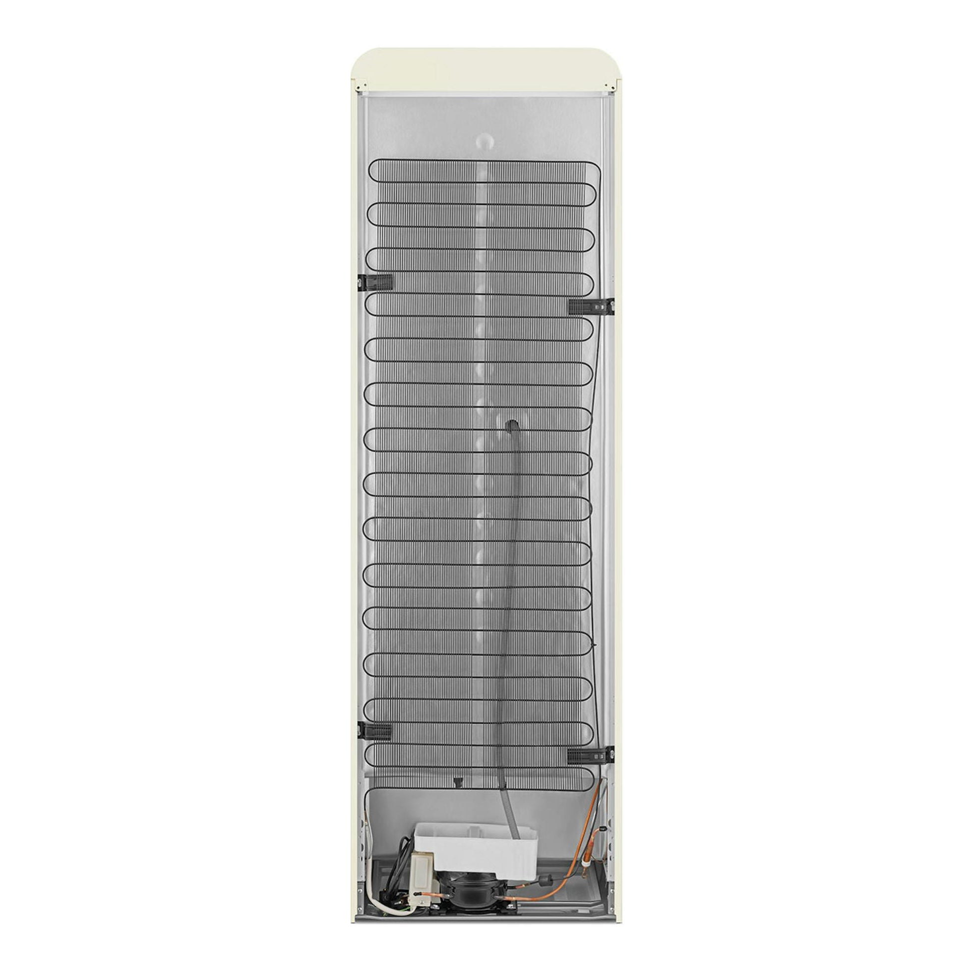 Frigorífico combi Smeg FAB32LCR6 crema, vista trasera con condensador y componentes inferiores.