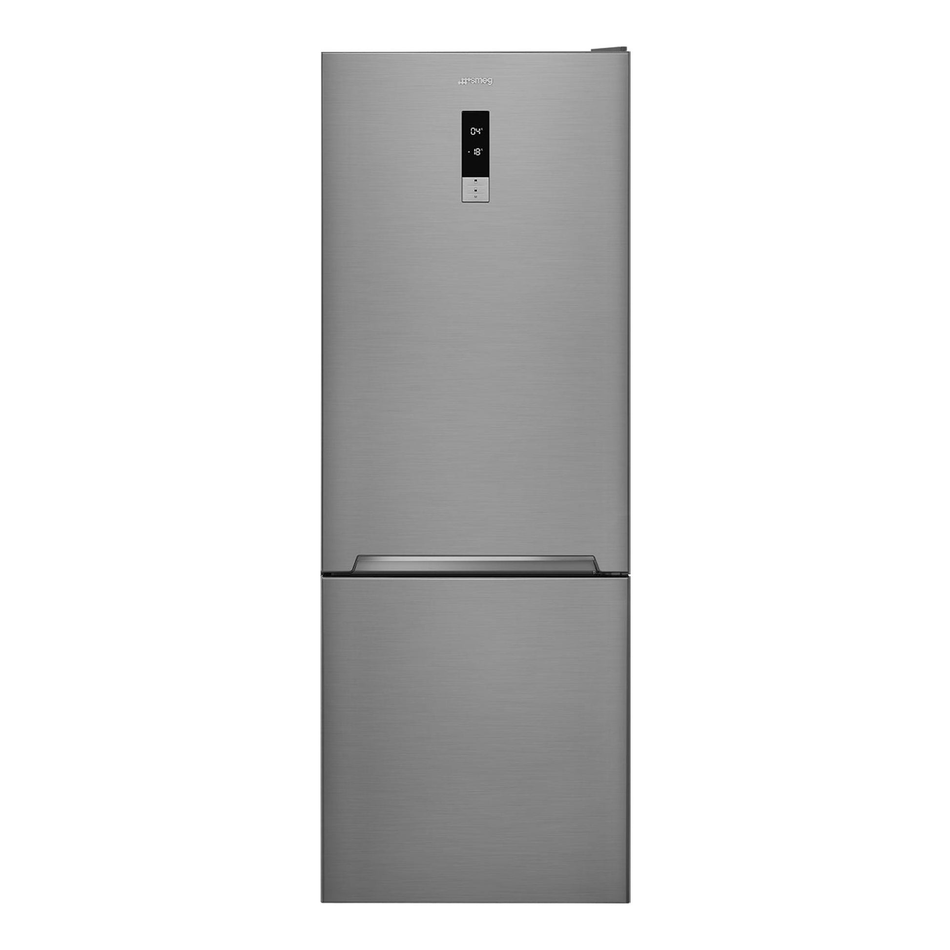 Frigorífico combi Smeg FC48XDNE inox, vista frontal, con panel digital en la puerta.