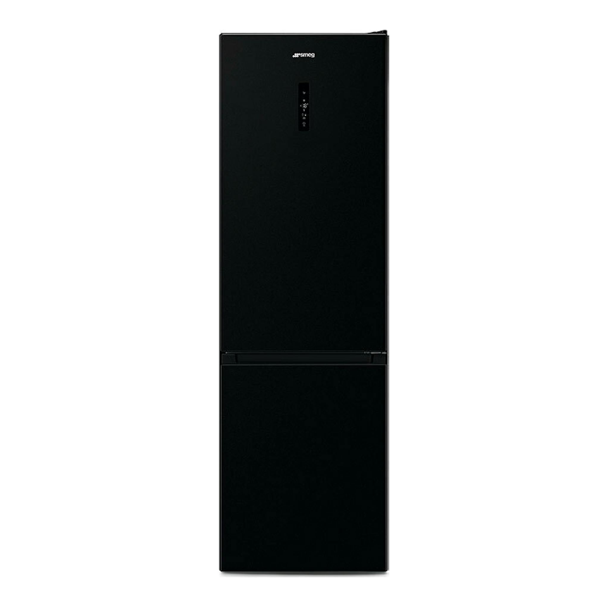 Frigorífico combi Smeg RC20KDND negro, vista frontal, con panel de control en la puerta superior.
