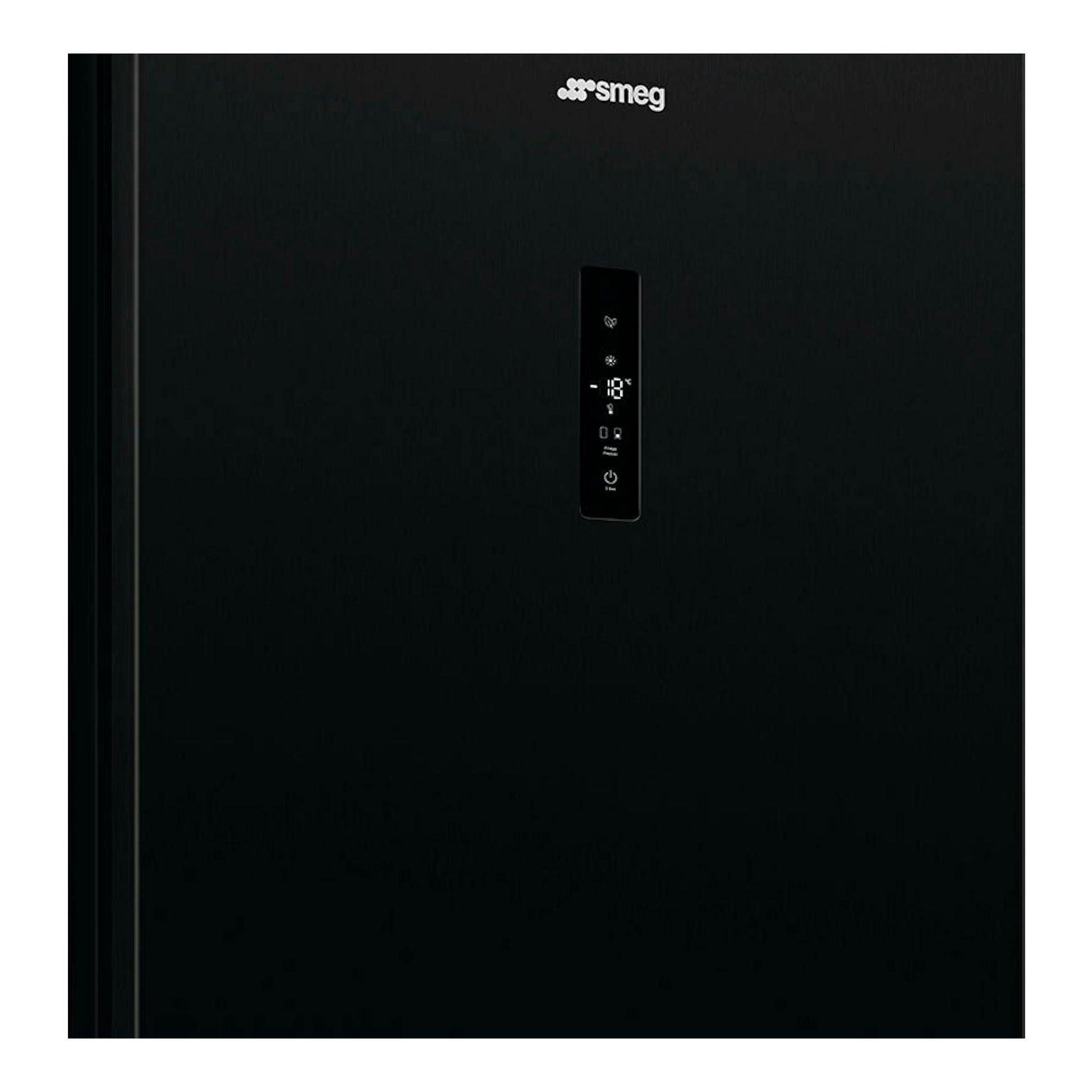 Frigorífico combi Smeg RC20KDND negro, vista frontal con panel digital central.
