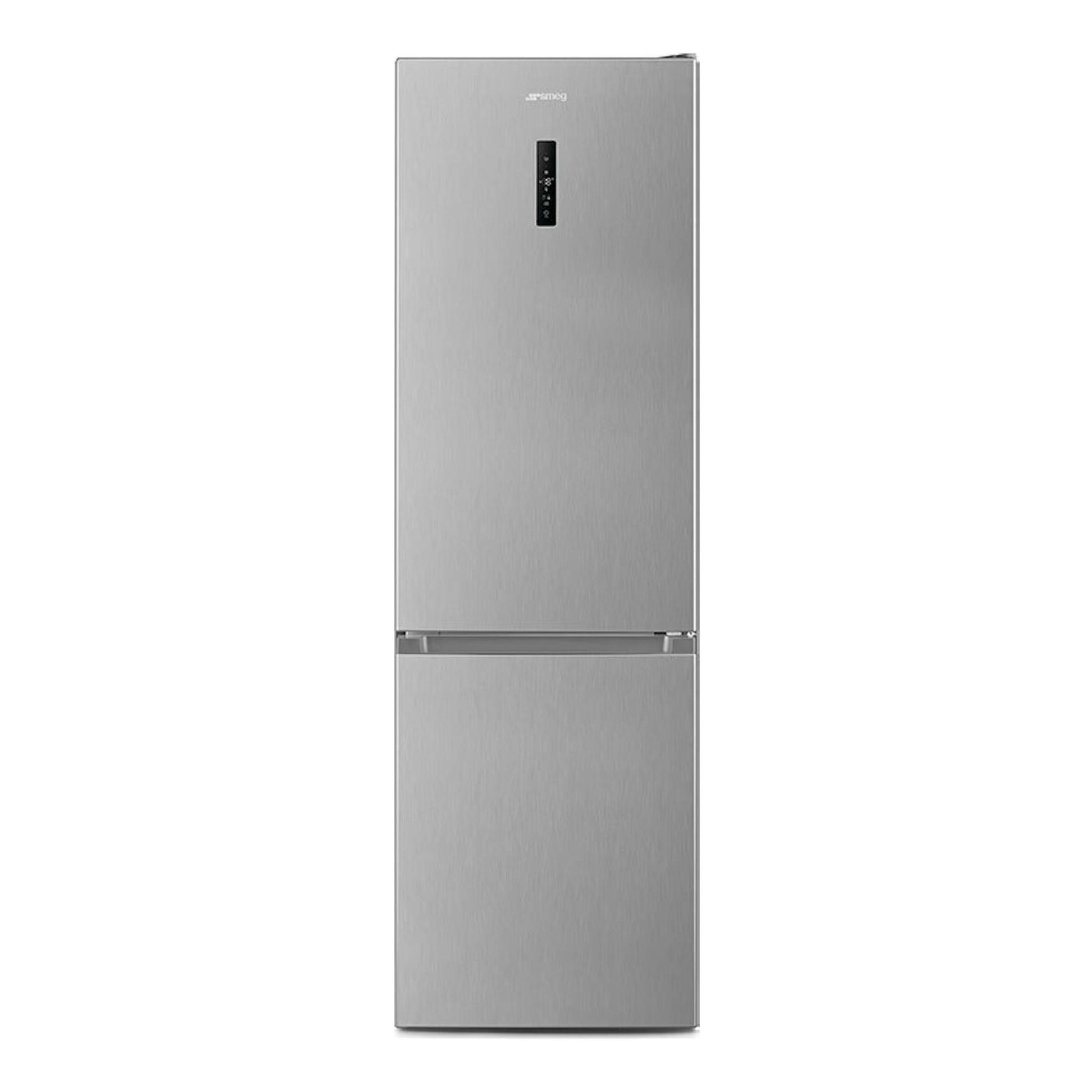 Frigorífico combi Smeg RC20XDND inox, vista frontal, acabado acero inoxidable y panel digital superior.