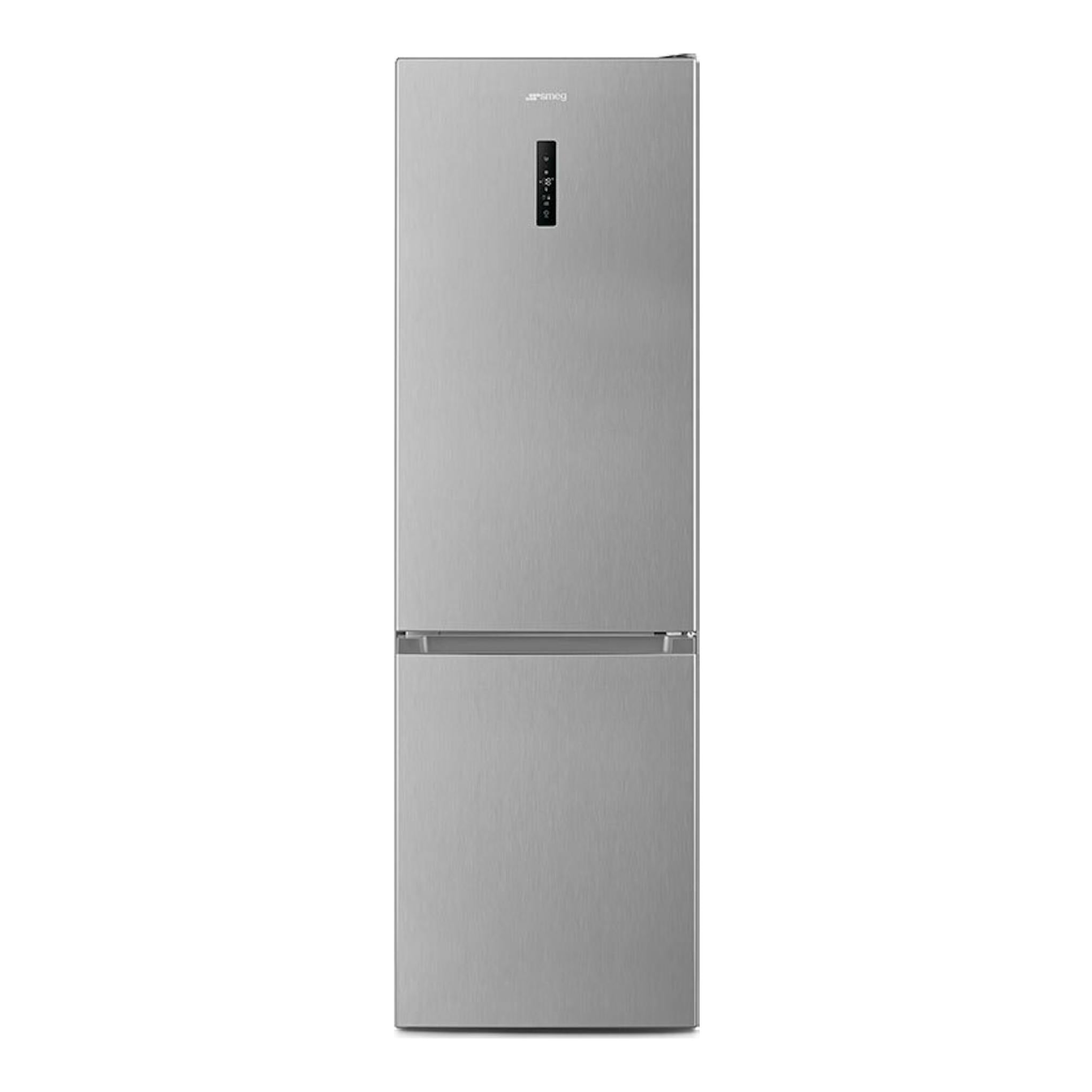 Frigorífico combi Smeg RC20XDND inox, vista frontal, acabado acero inoxidable y panel digital superior.