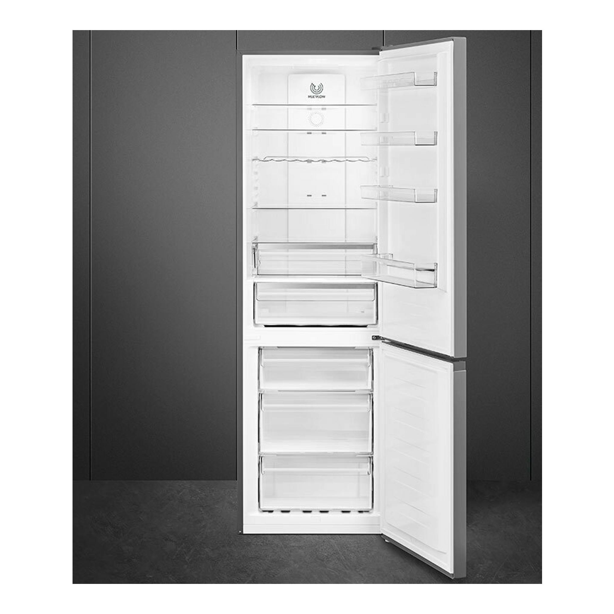 Frigorífico combi Smeg RC20XDND, vista frontal con puertas abiertas e interior blanco.
