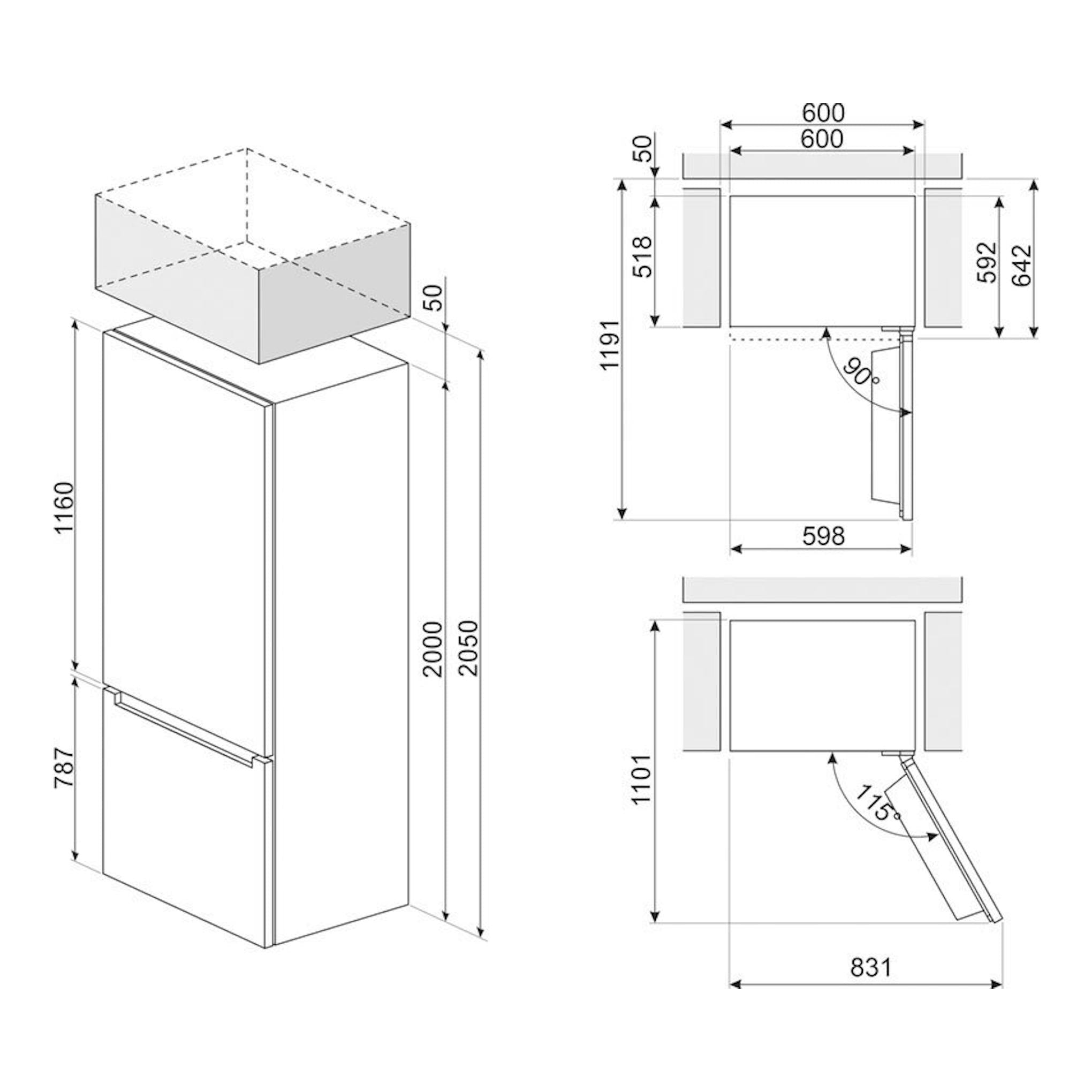 Esquema técnico del frigorífico combi Smeg RC20XDNE inox, vistas frontal y lateral con medidas.