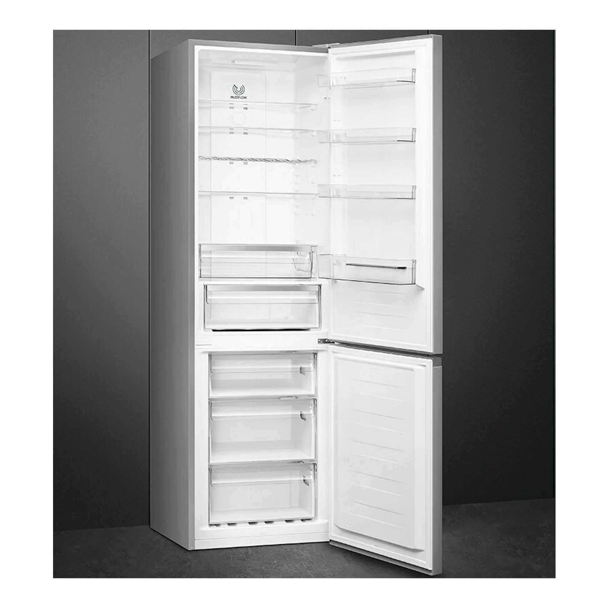 Frigorífico combi Smeg RC20XDNE inox, abierto, vista frontal, interior blanco con cajones y estantes.