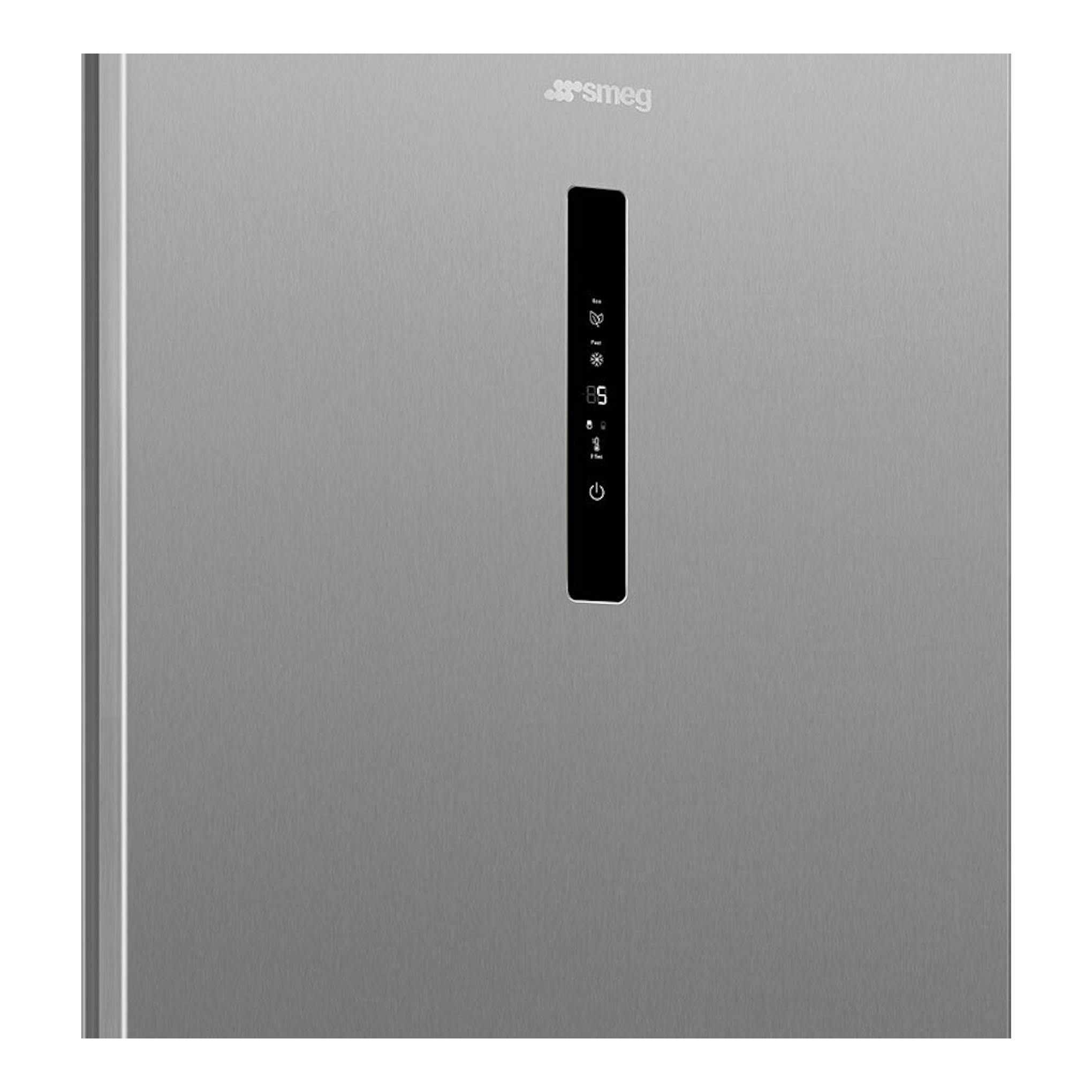 Frigorífico combi Smeg RC20XDNE inox, vista frontal, puerta de acero inoxidable con panel negro central.