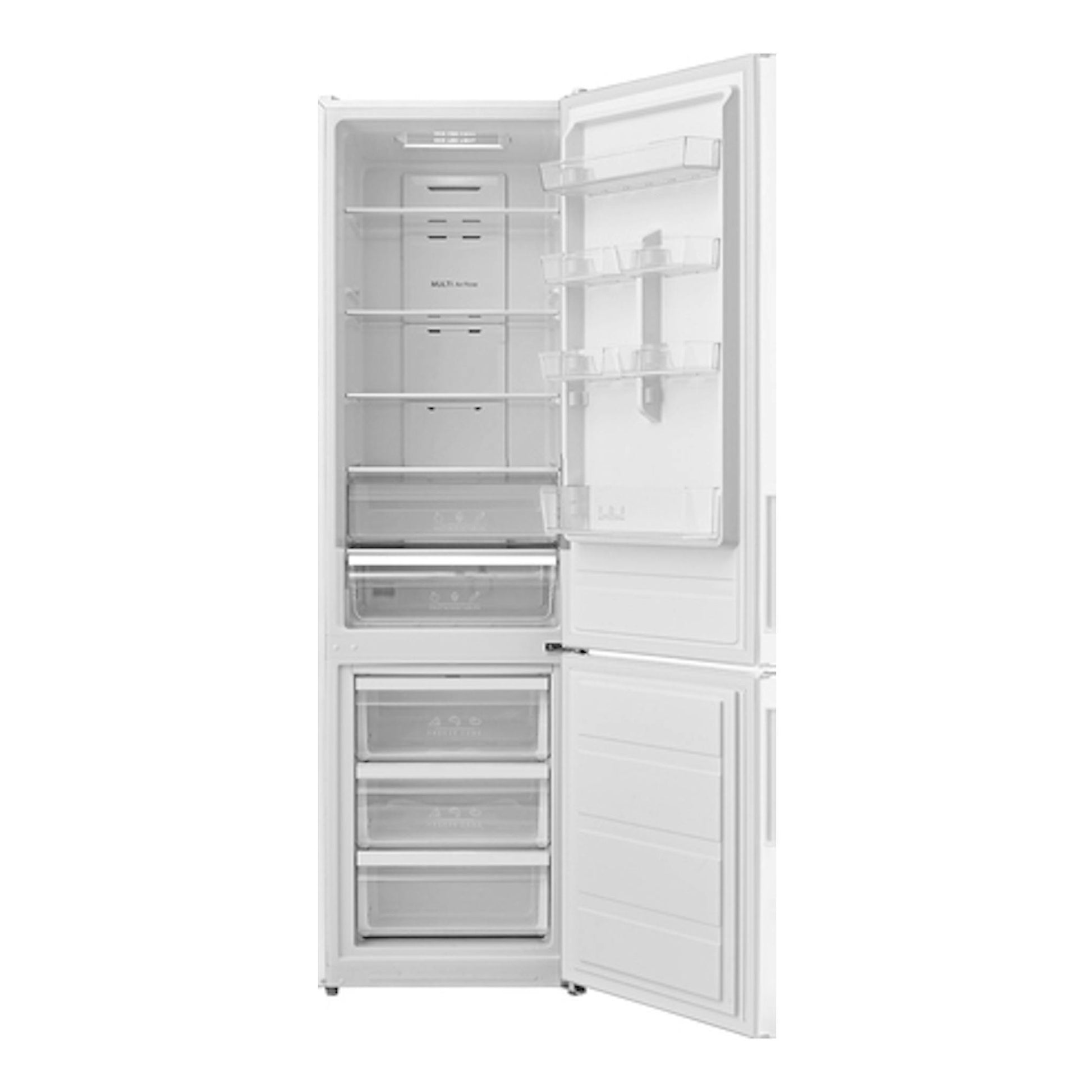 Frigorífico combi Teka NFL 4300 WH blanco, vista frontal con puertas abiertas y cajones visibles.