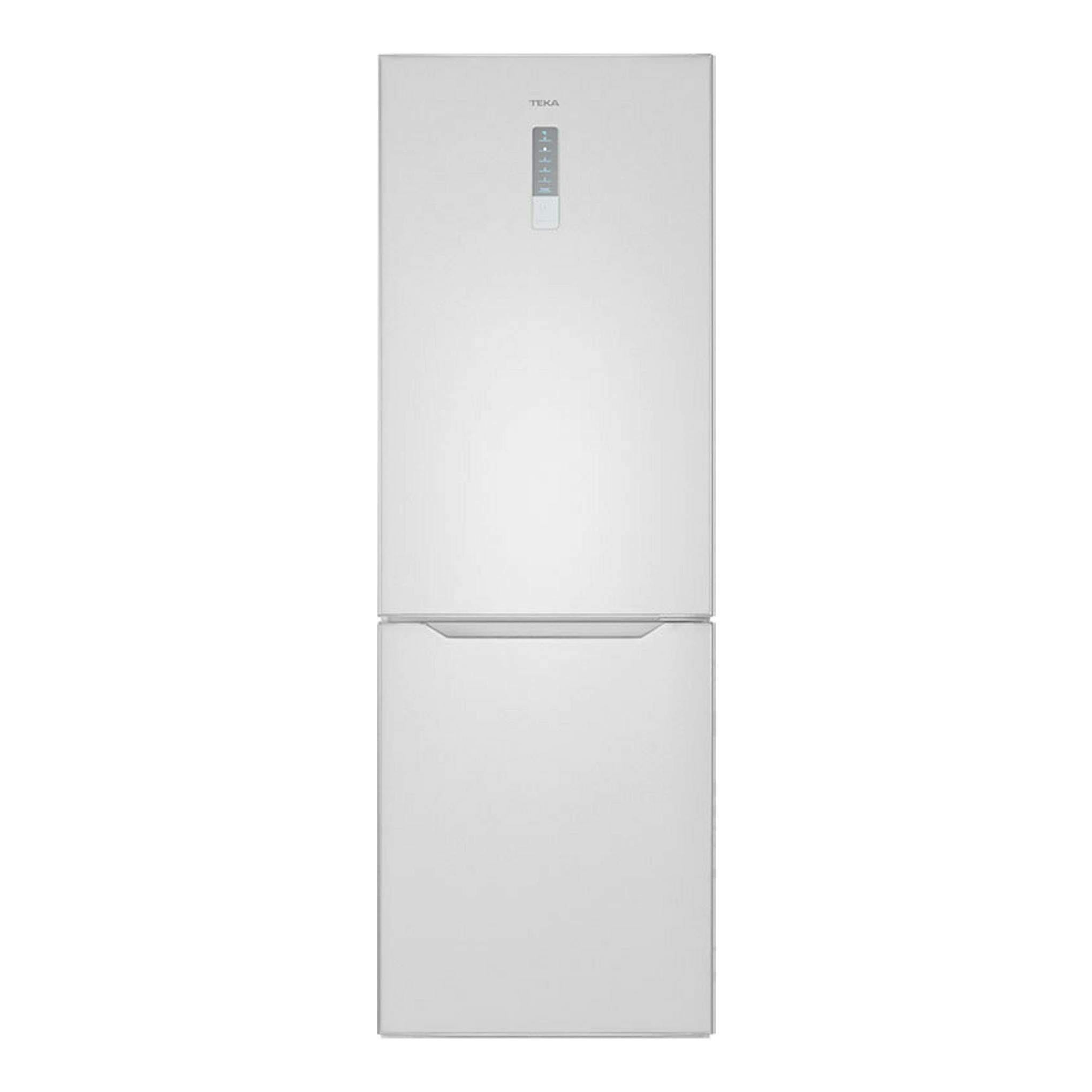 Frigorífico combi Teka NFL345C blanco, vista frontal, con panel de control superior.