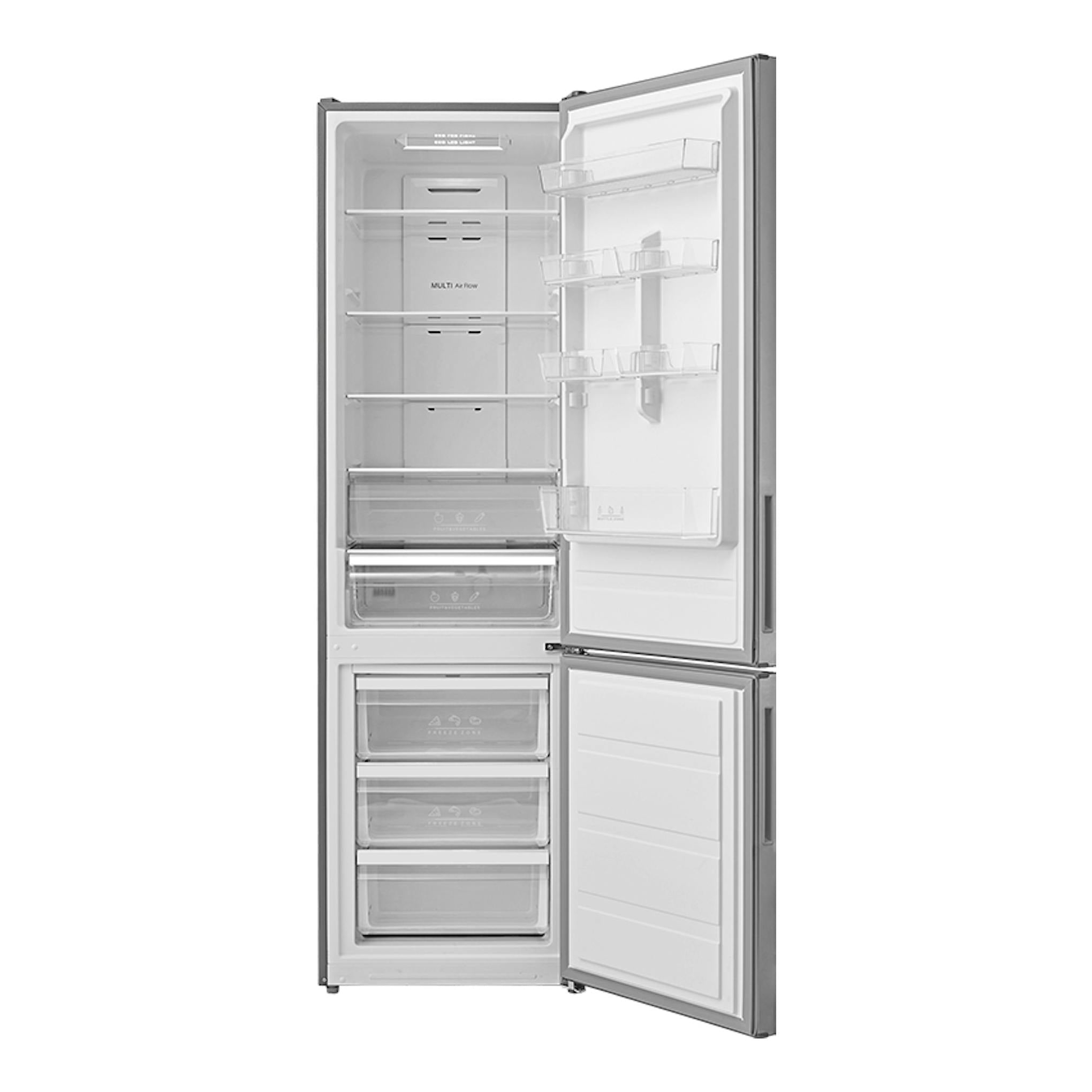 Frigorífico combi Teka NFL4300 Inox, vista frontal con puertas abiertas y interior visible.