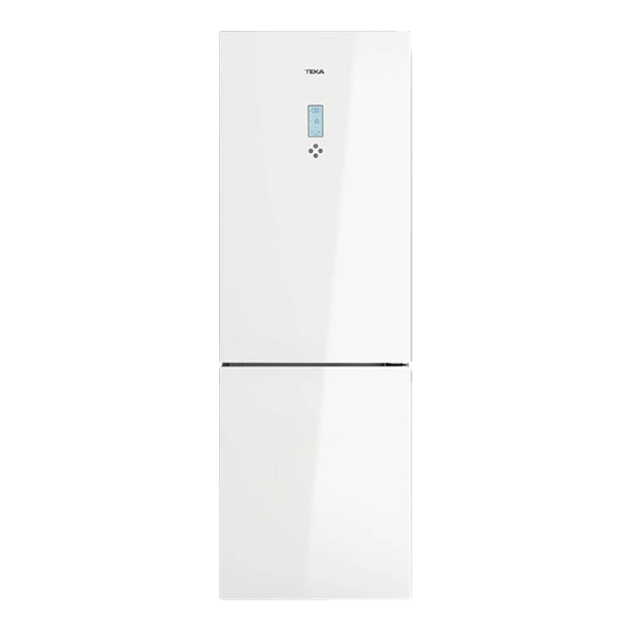 Frigorífico combi Teka RBF 78625 blanco, vista frontal, con display digital en la puerta superior.