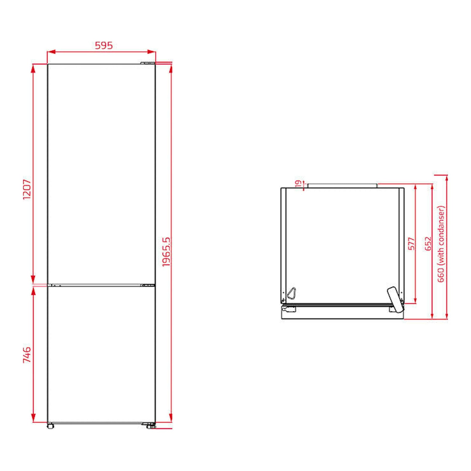 Teka RBF 78625 Cristal Blanco, plano técnico frontal y lateral de frigorífico combi blanco con medidas.